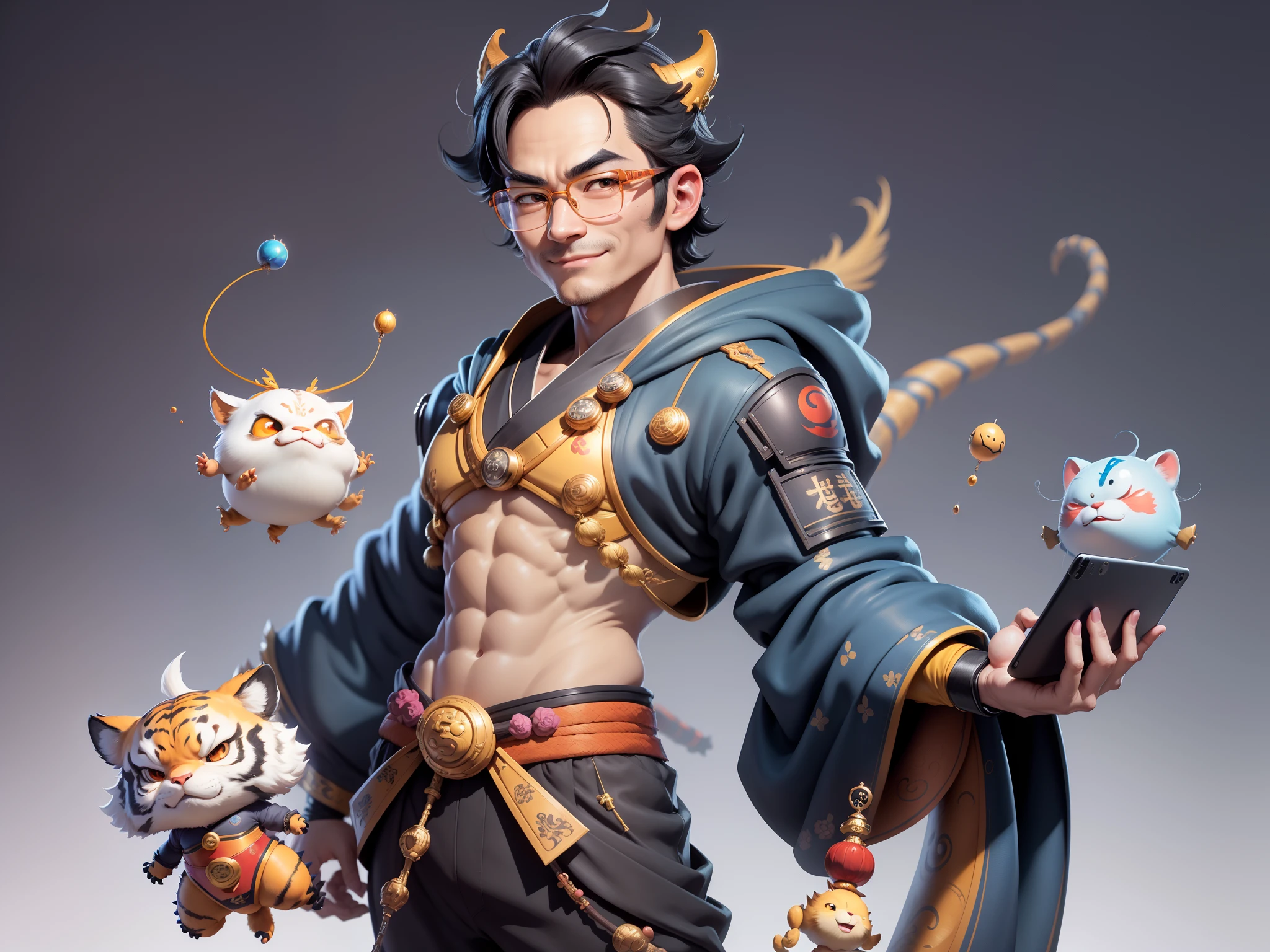 (Masterpiece), (Excellent), (Super Meticulous), (Full Body: 1.2), Super Young Man with Japanese Female Geisha, Pretty, Beautiful, Chinese Dragon, Tiger, Wind God Thor, Sexy, Bursting, Oriental Face, TV Anchor, Bust Portrait Illustration, Black Suit, Blue Tie, Slightly Chubby Face, Silver Glasses, Very Clean Face, No Beard on Chin, Black Super Short Hair, Black Eyes, Confident Smile, 3c Computer Sub-Products, iPad, iPhone, Digital Painting, 3D character design by Mark Clairedon and Pixar and Hayao Miyazaki and Akira Toriyama, the illustrations are HD illustrations in 4K resolution with highly detailed facial features and cartoon-style visuals.