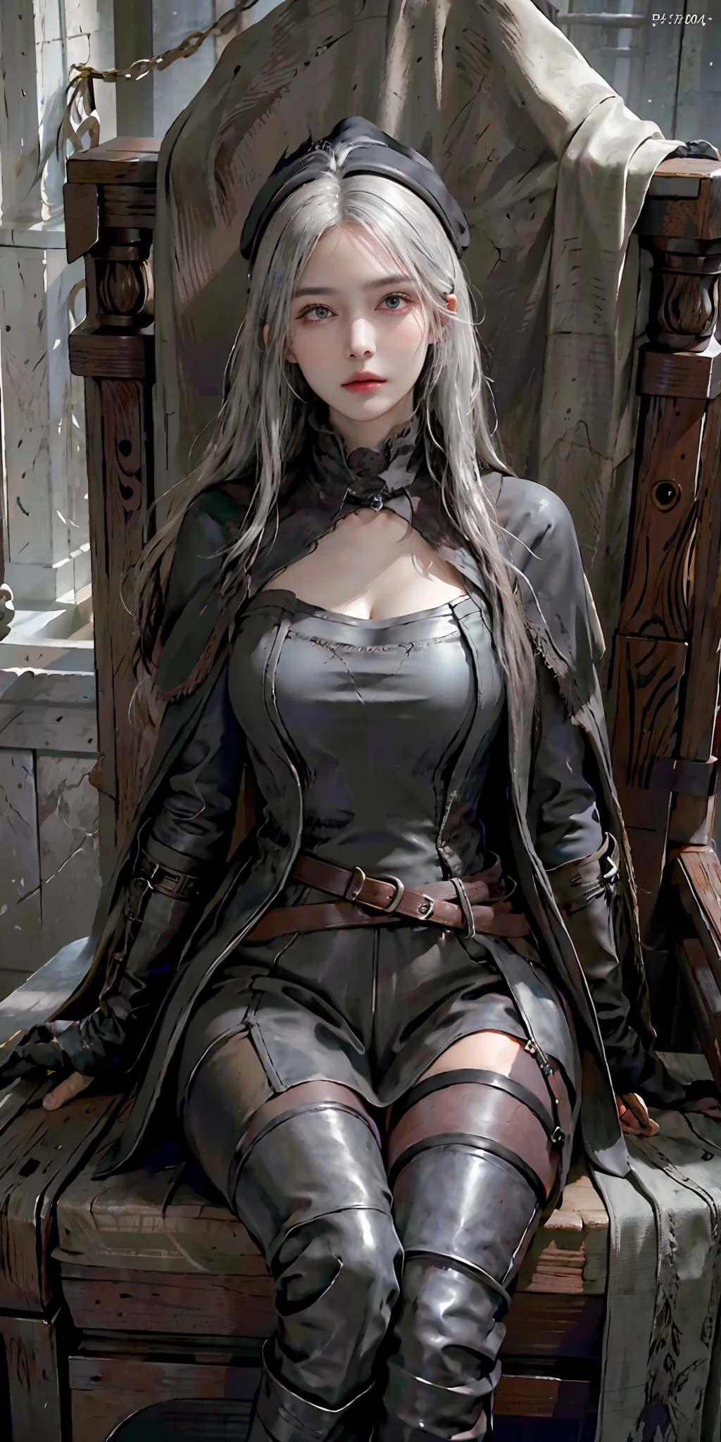 photorealistic, high resolution, soft light,1women, solo, hips up, look at viewer, (detailed face), white hair, edgBB, torn clothes, coat, vambraces, black capelet, capelet, hunter (bloodborne), black gloves, arms at sides, tricorn hat, belt, woman wearing edgBB_outfit, dark room, candles, sitting on throne, jewelry