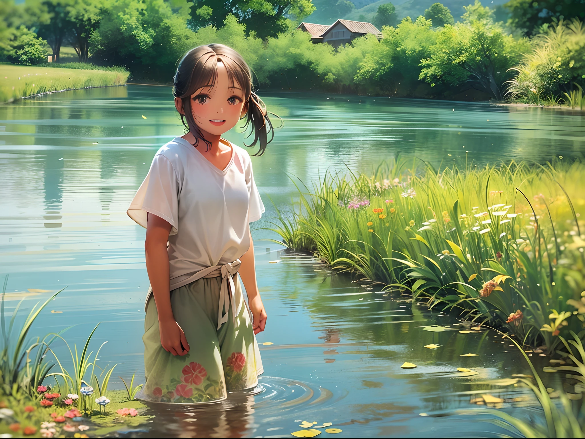 Teenage girl staying at grandma's house in the countryside during Obon holidays。Playing in the water outside in the bright sun。Her smile is pure and happy, yet、There is something sad in his eyes.。The expansive countryside and the murmur of the flowing river、It reflects the complex emotions that lurk in her heart.。