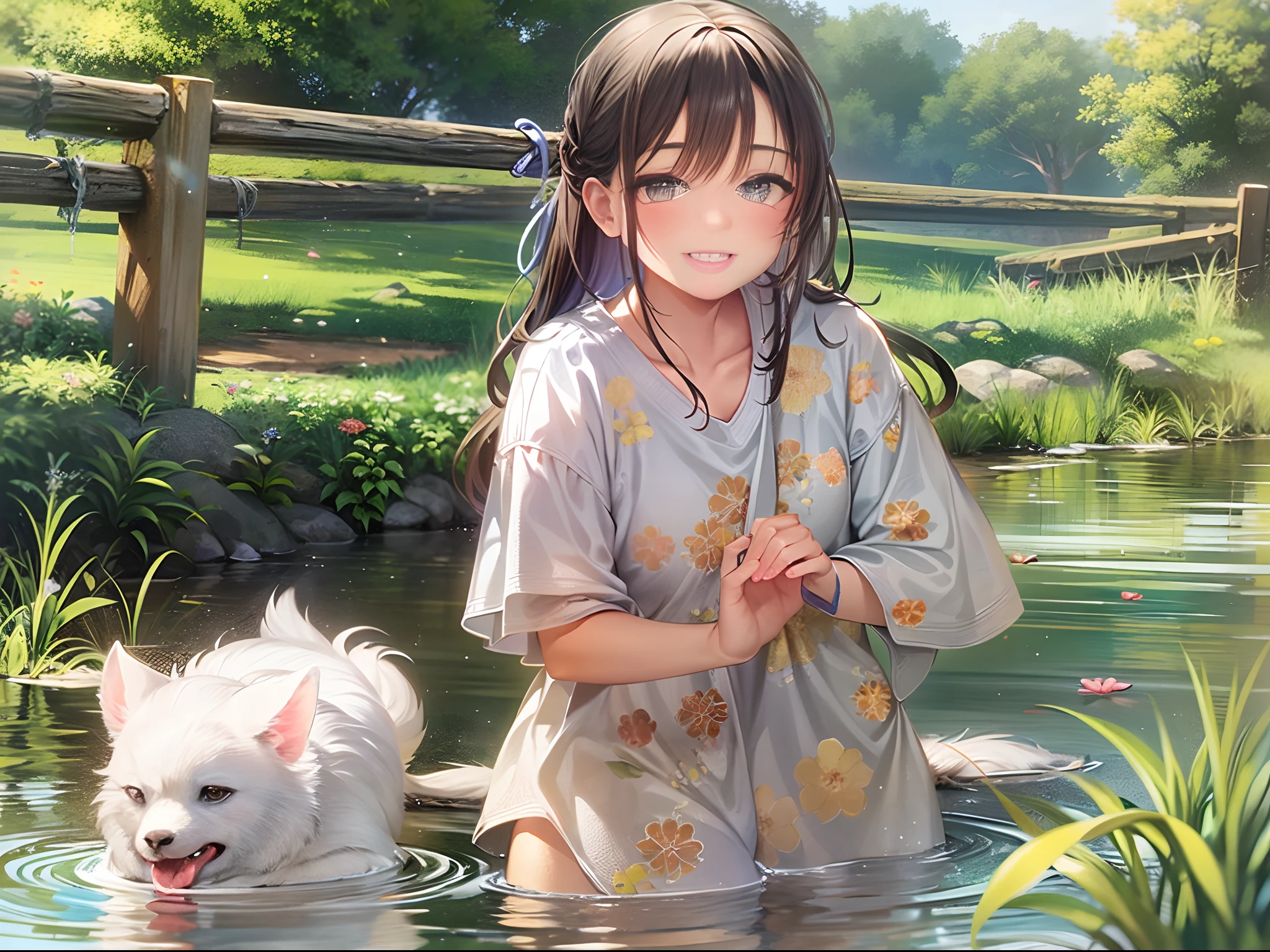 Teenage girl staying at grandma's house in the countryside during Obon holidays。Playing in the water outside in the bright sun。Her smile is pure and happy, yet、There is something sad in his eyes.。The expansive countryside and the murmur of the flowing river、It reflects the complex emotions that lurk in her heart.。