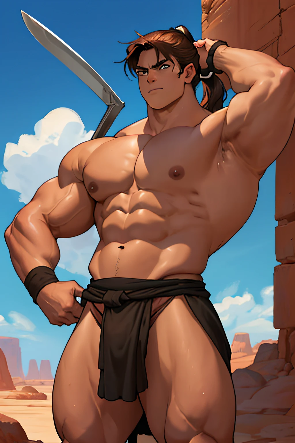 Conan Exiles Style, standing, (((((FRONT))))) young warrior () (young face) with a blade, ready to fight, top rated pixiv, SHIRTLESS, 500lbs, front view, even shoulders, perfect massive muscles, pumped up muscles, massive muscular body, gigantic and massive chest with a narrow waist, massive shoulders, ridiculously well-shaped large pecs, eight chiseled abs, arms thick as trunks and formidable thighs. (heavily toned and huge) narrow waist, he covers his nakedness with a piece of dark brown cloth as a coarse loincloth, barbarian, brown hair, ponytail hair, white sclera, blue eyes (detailed eyes), D&D character, brave warrior, human, handsome face, young face, skill image, rocky desert behind him, sunny day, few clouds in the sky, looking at viewer, breaking the fourth wall.