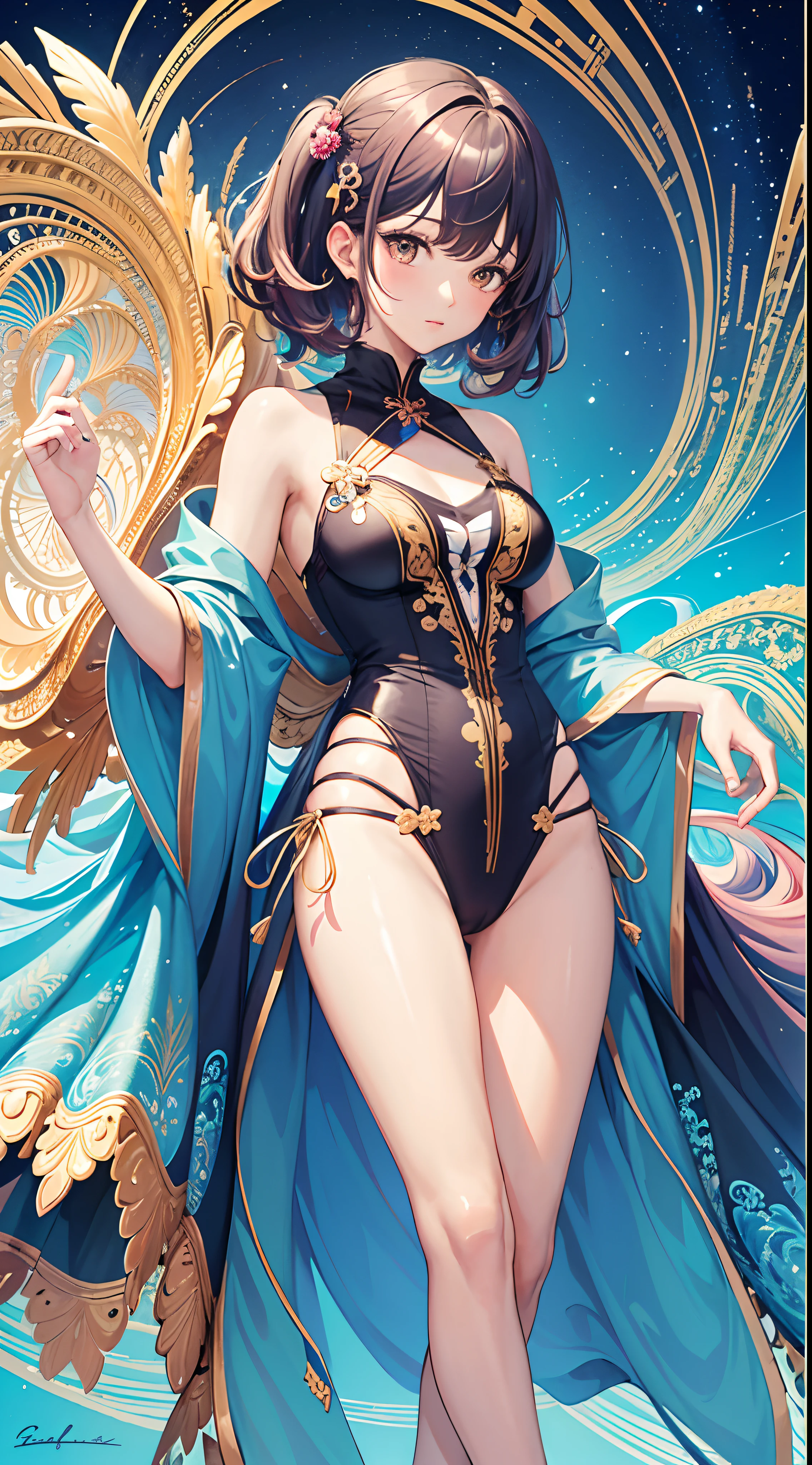 (Masterpiece, Top Quality, Best Quality, Official Art, Beautiful and aesthetic:1.2), (1Girl:1.3), (fractal art:1.3), Beautiful and colorful swimwear, Unusual hair color