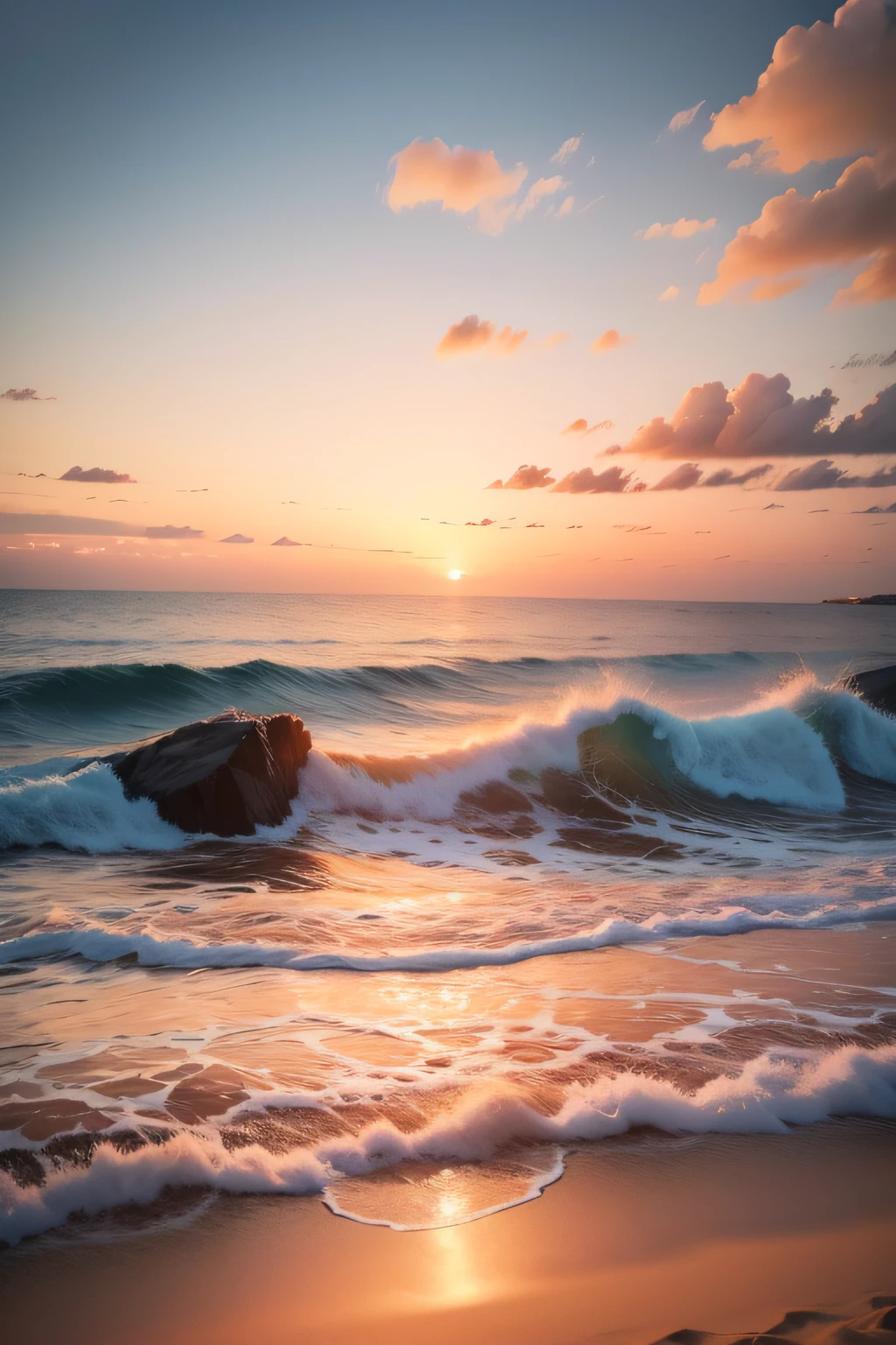 An absolutely mesmerizing sunset on the beach, with a mix of orange, pink, and yellow in the sky. The water is crystal clear, gently kisses the coast, and the white sand is endless. The scene is dynamic and breathtaking, with seagulls soaring high in the sky and palm trees swaying softly. Immerse yourself in the calm atmosphere and let the serenity surround you.