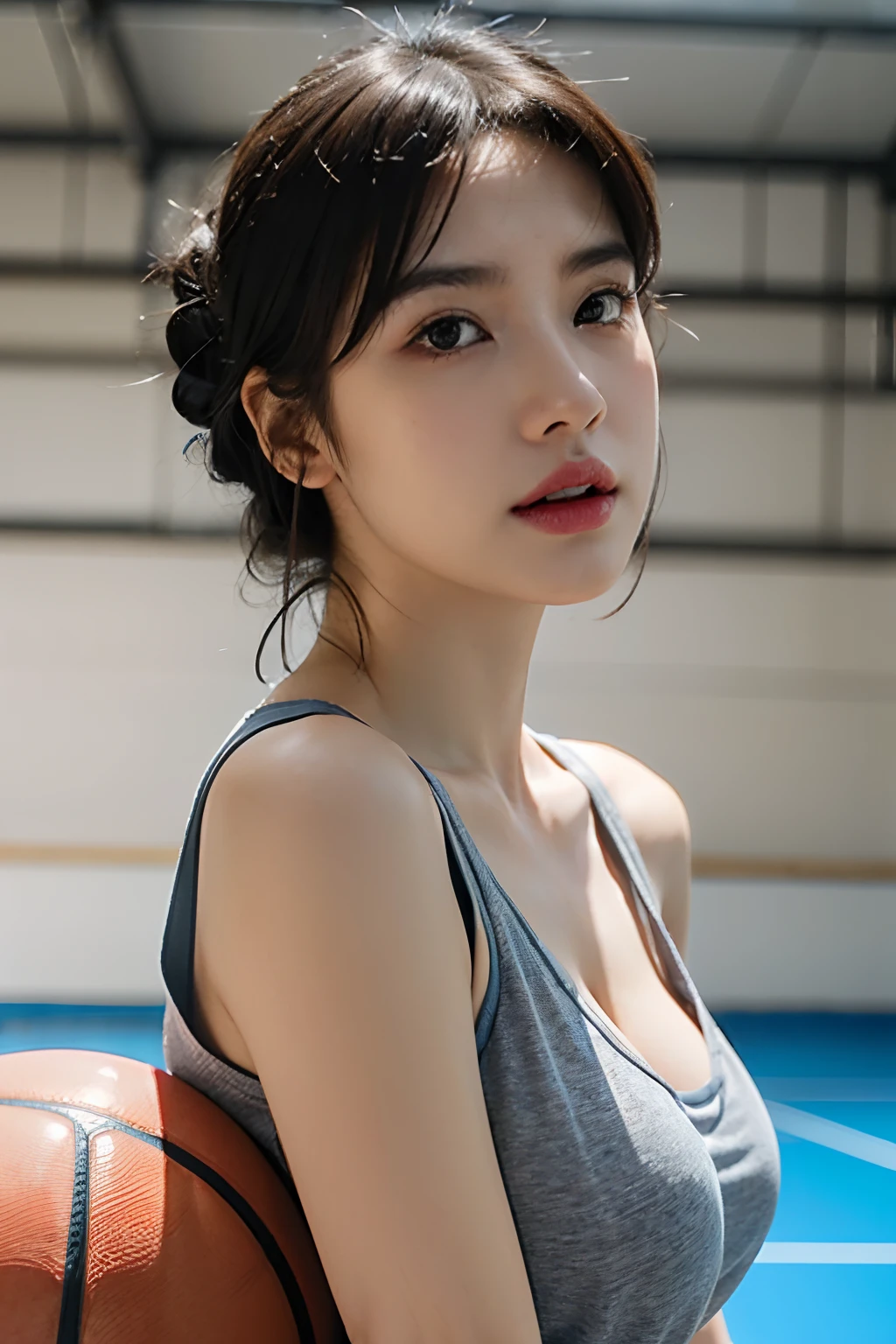 (Raw photography、4K、masterpiece、hight resolution、very intricate)(realisitic:1.4)、Movie lighting Delicate girl with facial features
1 girl、single focus、Summer noon、Hot、1990's\(styles\)、Muscle whitening、(Colossal tits、cleavage of the breast)、(top-quality)、(Hi-Res)、(extremely delicate and beautiful)、、(Beautiful 8k face)、(Brown-eyed)、(ulzzang-6500:1.0)、(独奏)、(Watching side)、(audience)、(Colossal tits)、(nffsw)、Stooping、(Basketball sportswear)、((Playing Basketball))、((Gymnasium))、((speedo))、(现实)、