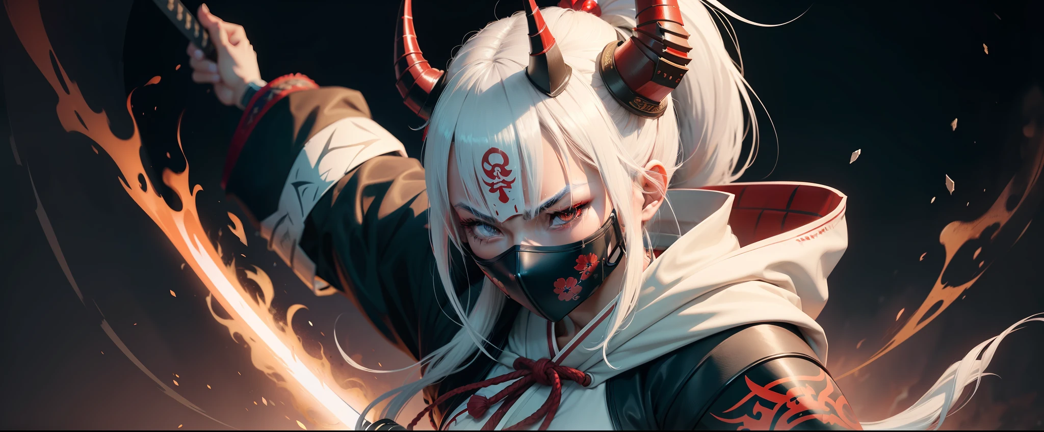 Samurai Fighter Girl scene, Wearing an japanese oni face mask, Oni tattoo, With horns on the head, Hooded girl, White hair, With Katana Sword, Sword in Hand, Japanese style, Dark bloody background, Cinematic, 31:9, Ultra wide, Wallpaper, Wide format