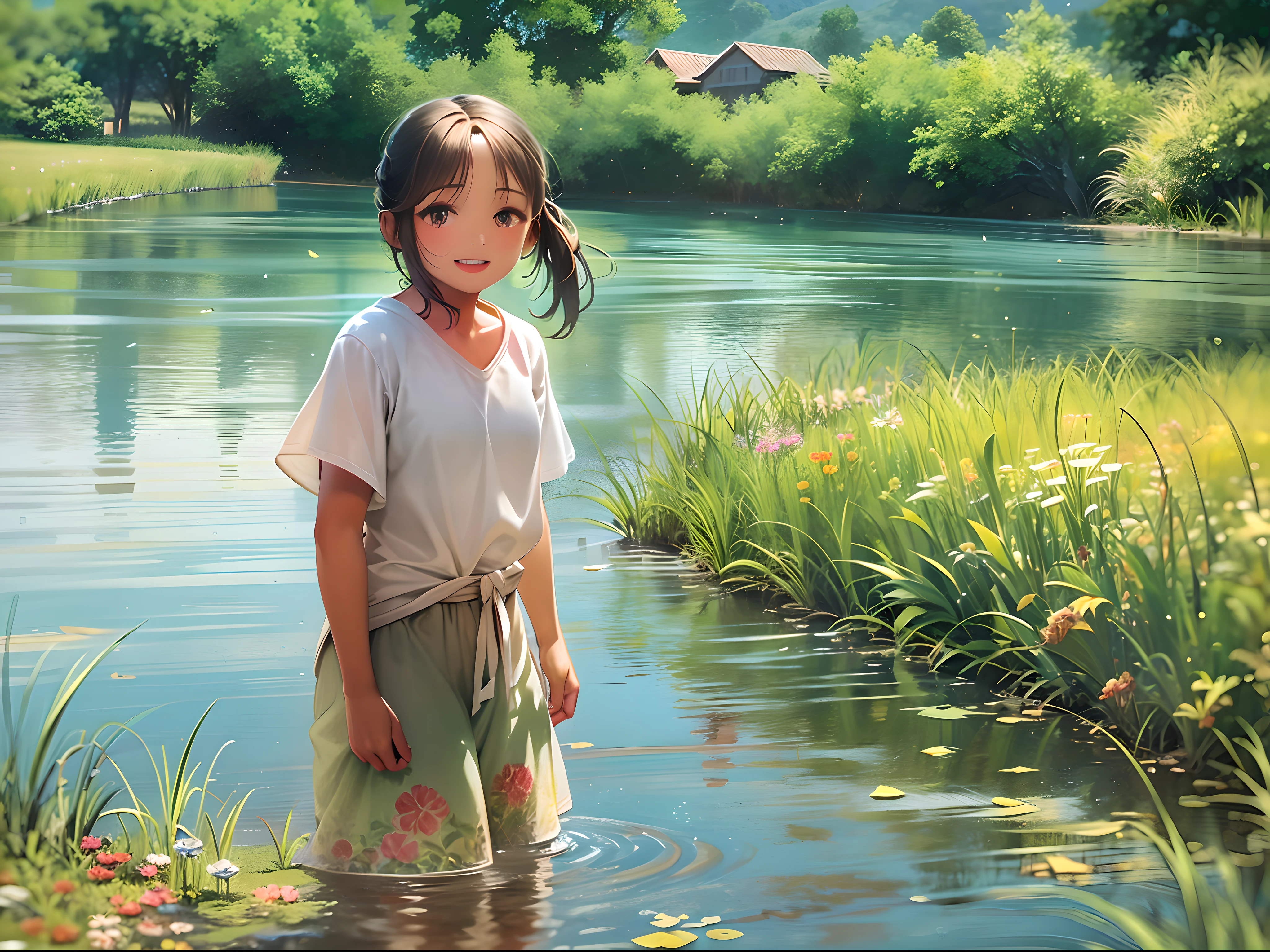 Teenage girl staying at grandma's house in the countryside during Obon holidays。Playing in the water outside in the bright sun。Her smile is pure and happy, yet、There is something sad in his eyes.。The expansive countryside and the murmur of the flowing river、It reflects the complex emotions that lurk in her heart.。