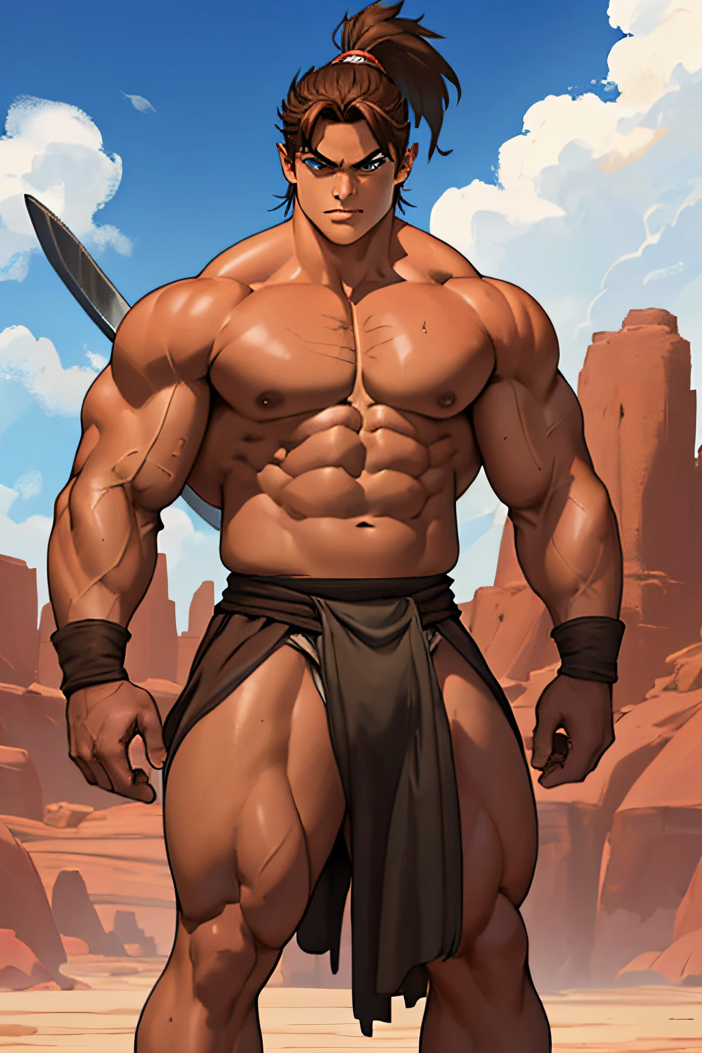 Conan Exiles Style, standing, (((((FRONT))))) young warrior () (young face) with a sword, ready to fight, top rated pixiv, SHIRTLESS, 500lbs, front view, even shoulders, perfect massive muscles, pumped up muscles, massive muscular body, gigantic and massive chest with a narrow waist, massive shoulders, ridiculously well-shaped large pecs, eight chiseled abs, arms thick as trunks and formidable thighs. (heavily toned and huge) narrow waist, he covers his nakedness with a piece of dark brown cloth as a coarse loincloth, barbarian, brown hair, ponytail hair, white sclera, blue eyes (detailed eyes), D&D character, brave warrior, human, handsome face, young face, skill image, rocky desert behind him, sunny day, few clouds in the sky, looking at viewer, breaking the fourth wall.