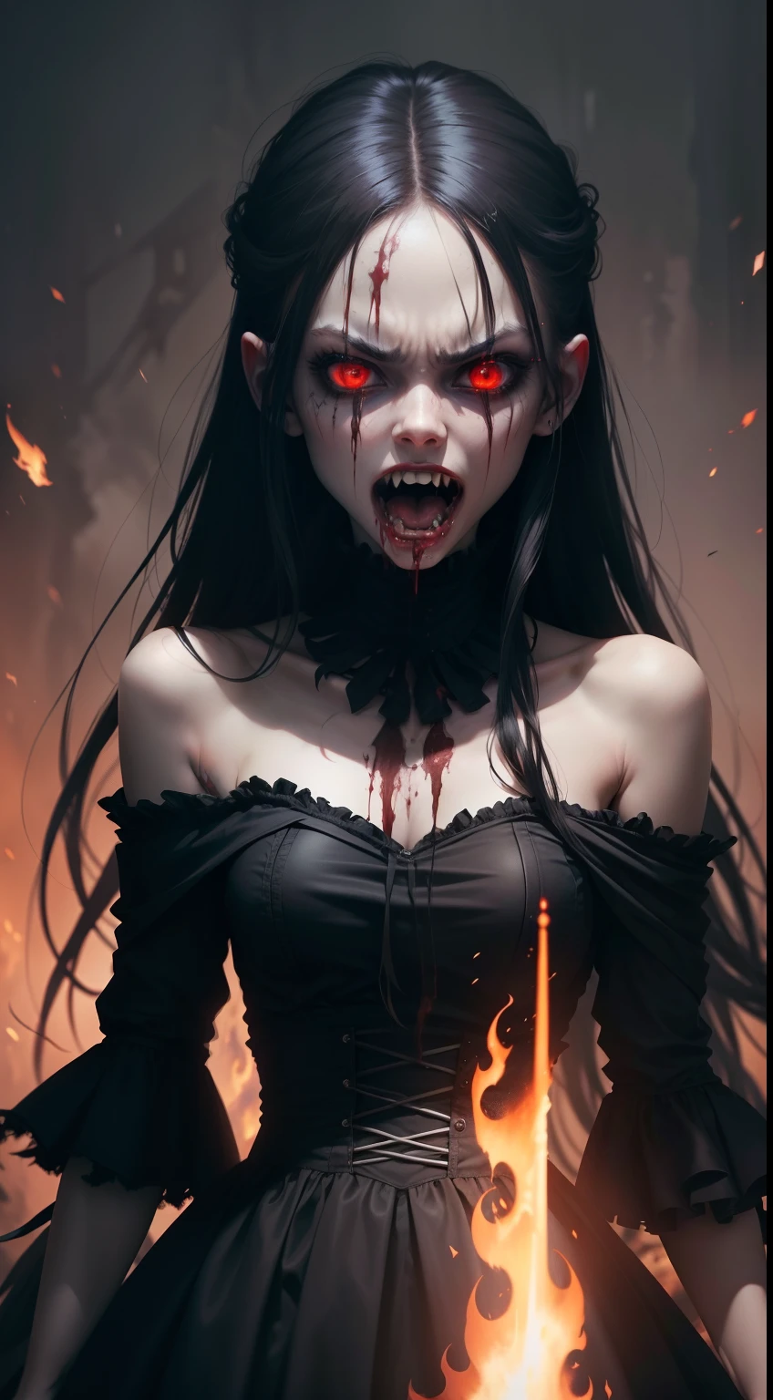A very pal young girl humanoid character, with red eyes, her name is Cassie, she is crazy, nuts, with cuts and scraps, horror, she is creepy, she is scary, shock value, very evil, ill, she is skinny, evoke, fear, terror, dread, decay, disgust, she is a Psycho, dark, unattractively, unusually thin, thin, scraggly, emaciated, twisted, frightening, sick, dark background, long black_dress, gore, blood, solo, close up, (messy white long hair), fog, evil eyes, she is flat, eyes glowing, dress fully covers her, she's nut, yelling, she's mad, she's furious, she's screaming out loud, showing teeth, mouth open wide, yelling at the camera, fire in the background, rage, sharp teeth, bloody mouth, vampire like, she is holding a (sword)