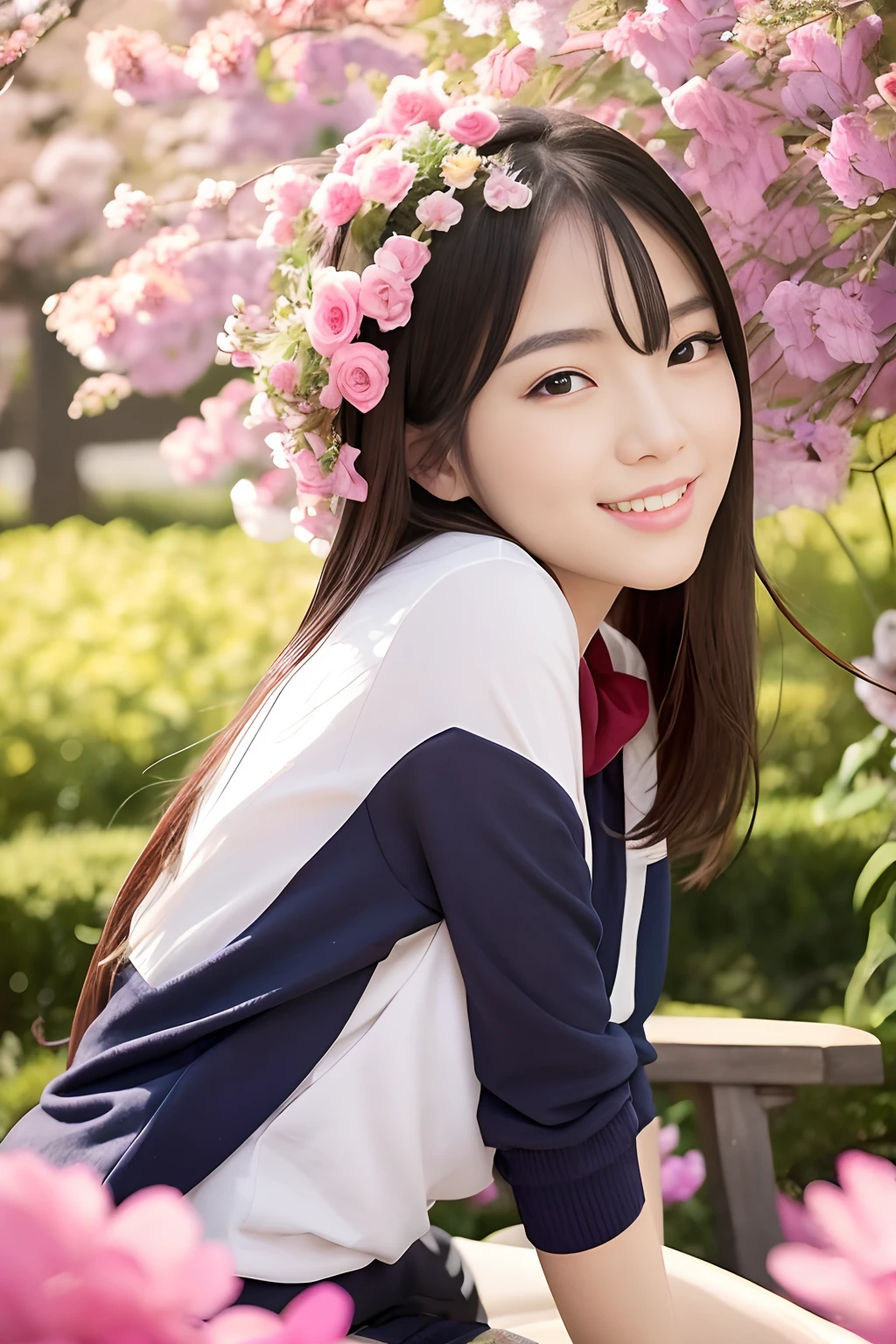 Woman sitting on a bench in a flower garden, Beautiful Asian Girl, beautiful Korean women, Beautiful young Korean woman, Gorgeous young Korean woman, Korean Girl, Chinese girl, Young Asian Girl, Beautiful Asian Woman, beautiful and smiling, young cute wan asian face, gorgeous chinese model, Asian Girl, Asian features, cute seductive smile, Korean Woman, cute young woman、Hydrangea Garden