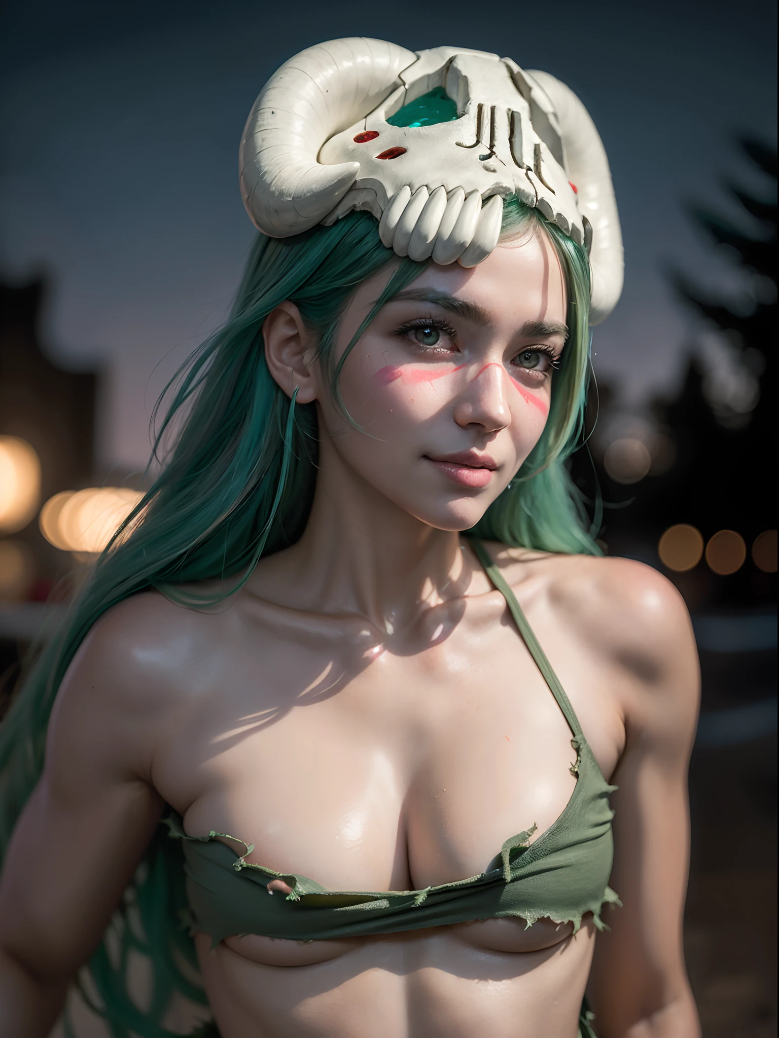 (masterpiece, best quality:1.4), (close up:1), (face focus:1.2), odelschwanck, green hair, skull, torn clothes, underboob, skirt, sexy smile, looking at viewer, beautiful face, highly detailed face, highly detailed eyes, highly detailed skin, skin pores, subsurface scattering, realistic pupils, full face blush, full lips, detailed background, depth of field, volumetric lighting, sharp focus, absurdres, realistic proportions, good anatomy, (realistic, hyperrealistic:1.4), moon background, nightlight 16k hdr,