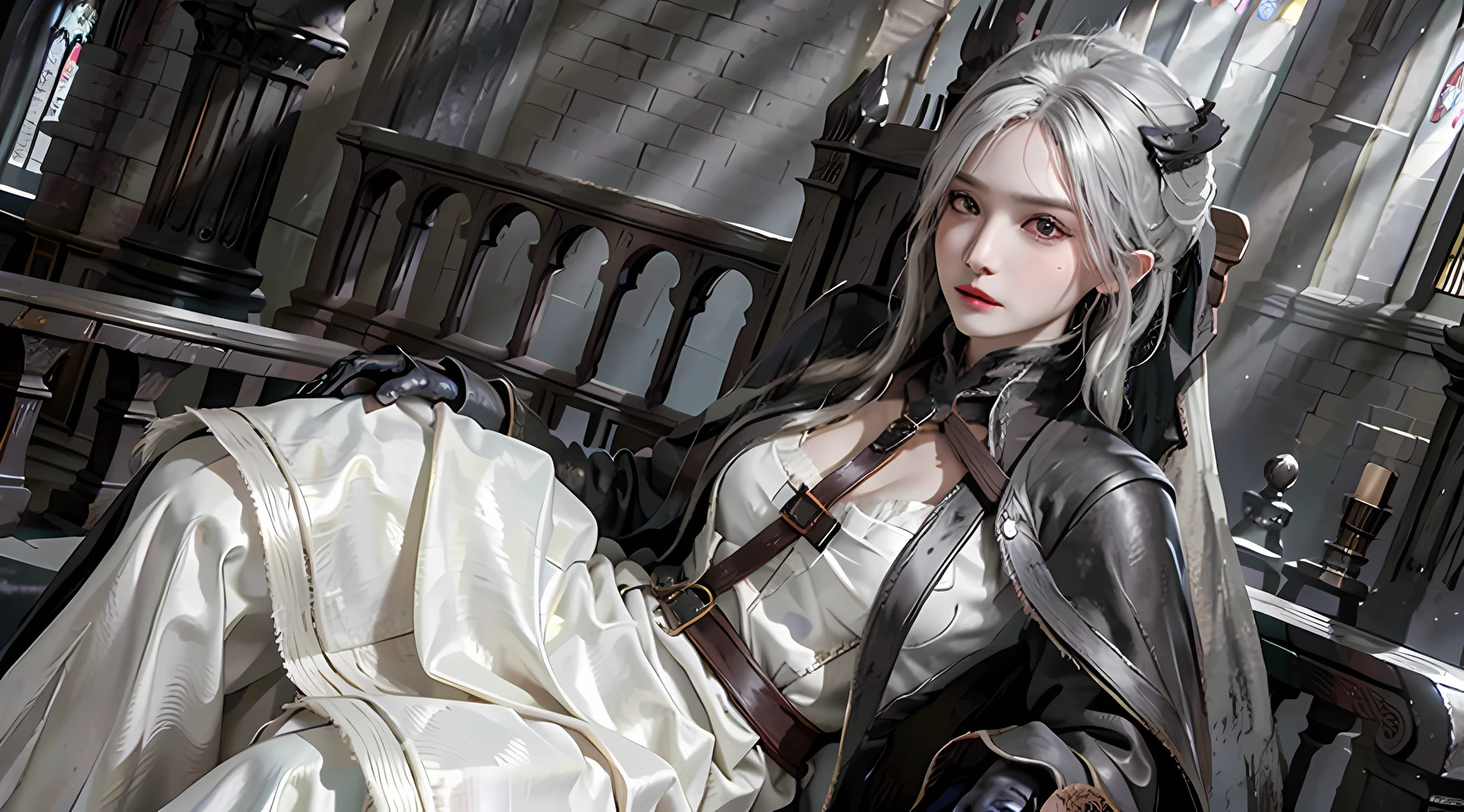Photorealistic, high resolution, Soft light,1womanl, Solo, Hips up, view the viewer, (Detailed face), White hair, edgBB, Torn clothes, Coat, vambraces, a black cloak, cloaks, hunter (Bloodborne), Black gloves, arms at sides, tricorne, belt, Woman in edgBB_Outfit, Gothic church, sit on chair, jewelry