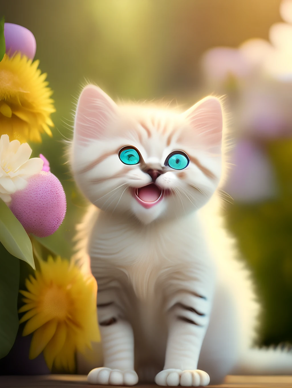 Very cute furry white tropical punk kitten, big eyes, flowers, bushes, full body, open mouth, laugh, professional light, depth of field 8k, golden magic moment, professional photography, octane rendering, super realistic - amazing sunlight, dynamic composition, photography, sharp focus, background bokeh, open mouth, laugh !!!