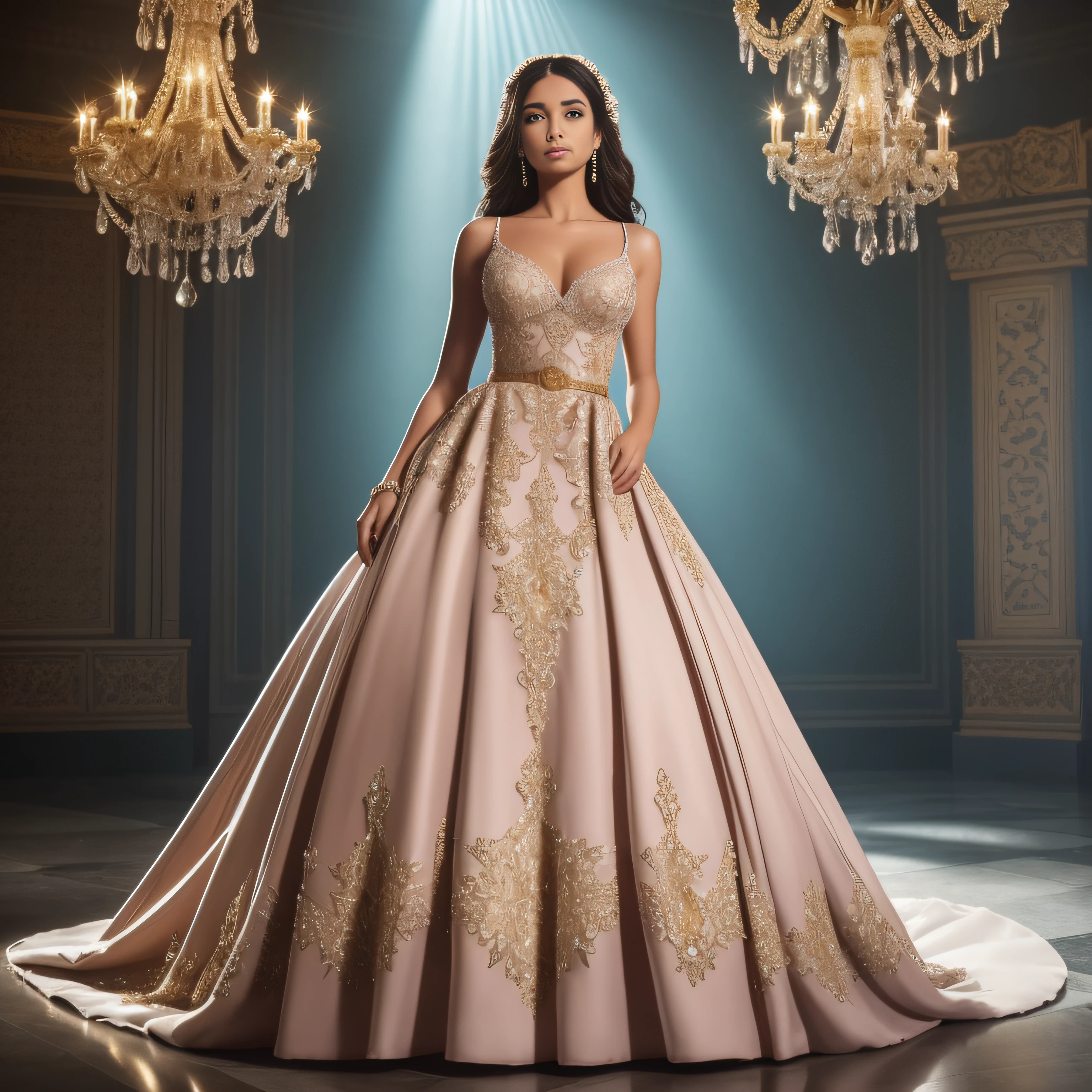 Full body photo, featuring a Mexican girl dressed in a magnificent haute couture quinceañera ball gown with a floral waist belt. The gown she wears is a shade pastel pink, adorned with layers of tulle ruffles, shimmering rhinestones, and intricate gold lace and filigree details. A wide waist belt adorned with fabric flowers cinches her waist and adds a pop of color and texture. Poised elegantly within the luxurious interior of a castle, dramatic cinematic lighting casts enchanting shadows, enhancing her allure. Crystal chandeliers hang delicately from above, casting a warm glow onto the marble floors below. The ornate stairwell adds to the castle's charm. Captured using an 80mm lens on a Sony A7 IV camera, the horizontal image captures the girl's entire form, showcasing the splendor of her haute couture ensemble , (skin dents: 1.5), realistic, realistic, (masterpiece: 1.5), concept art, intricate details, highly detailed, octane rendering, 8k , Unreal Engine, Dynamic Pose, Best Quality, High Resolution, ((Theatic)), Epic, Depth of Field, , Particle, (Realistic Face:1.1, Surreal:1.1), ((1 Girl, Close Up, Medium Tits, Perfect Eyes, Detailed Eyes, High Quality Eyes, High Quality Eyes perfect_face, High Quality Eyes, High Quality Eyes, Shiny Skin: 1.2, Shiny Face: 1.2, Embarrassment, Blushing: 0.8)),Wide-Angle, close-up, god rays, depth of field, chiaroscuro, cinematic lighting, high detail, Verism, UHD, masterpiece, accurate, super detail, high details, high quality, highres, best quality, award winning, 16k