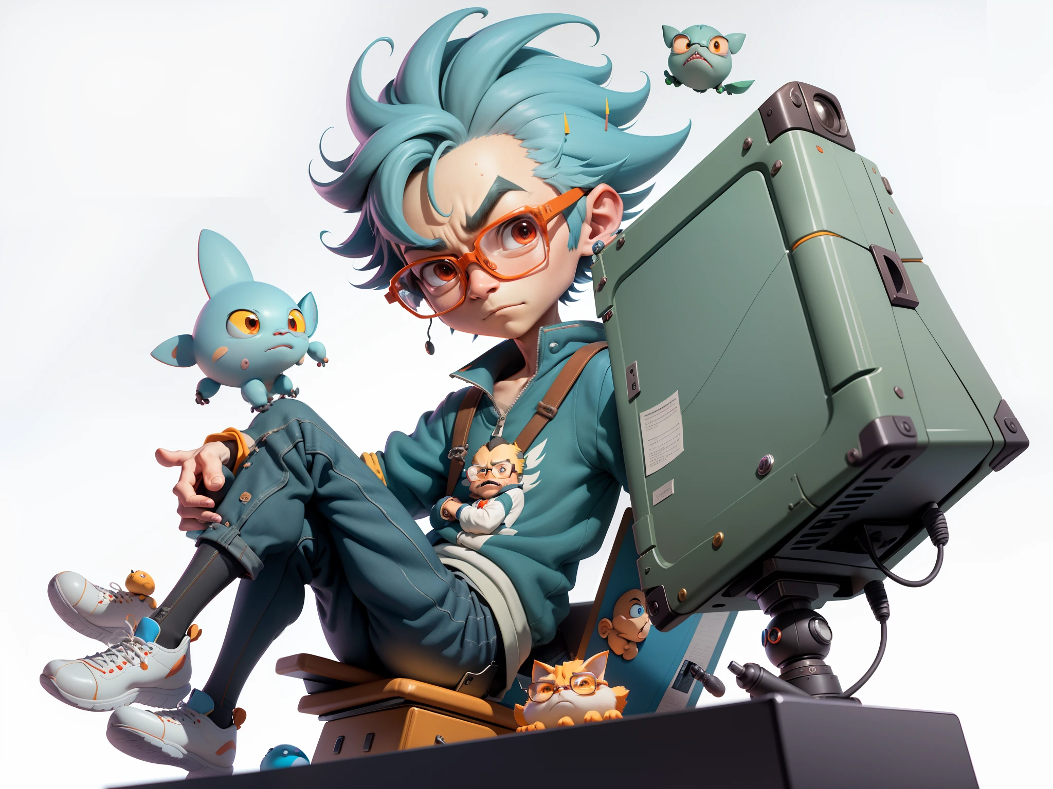 A young man with glasses sits at his desk,holding laptop,digitial painting,3D character design by Mark Clairen and Pixar and Hayao Miyazaki and Akira Toriyama,4K HD illustration,Very detailed facial features and cartoon-style visuals。