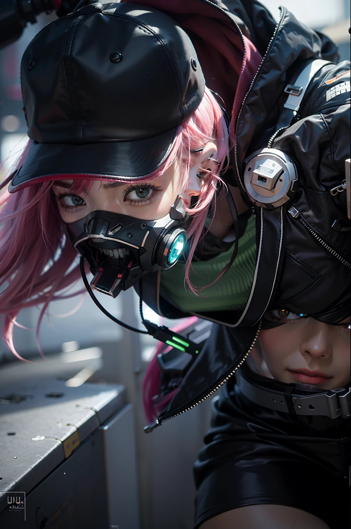 (photorealistic:1.4), (best quality:1.0), (ultra highres:1.0), 8k, RAW photo, (masterpiece:0.2), portrait, face, close shot,
Cybernetic_Jawless, mask, mechanical parts, cybernetic, 1girl, asian girl, pink hair with bangs, looking at viewer,
(cyberpunk street:1.2)