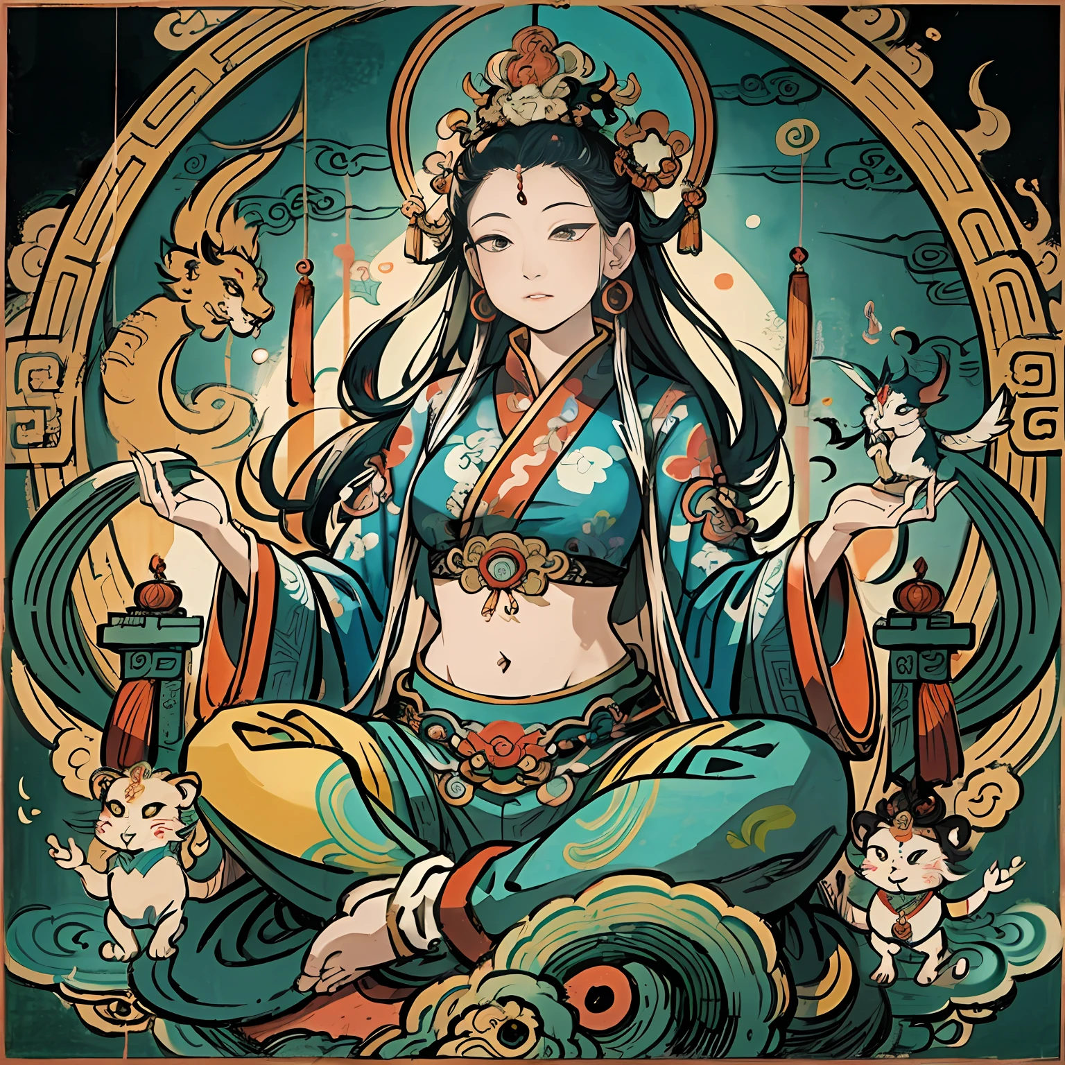 an ancient Chinese goddess, guanyin of the southern seas, Guanyin, Inspired by India, Avalokiteshvara rides the lion,,Serene expression,shui mo hua,Buddha,Buddhist,Lotus,Chinese painting style,Thangka style