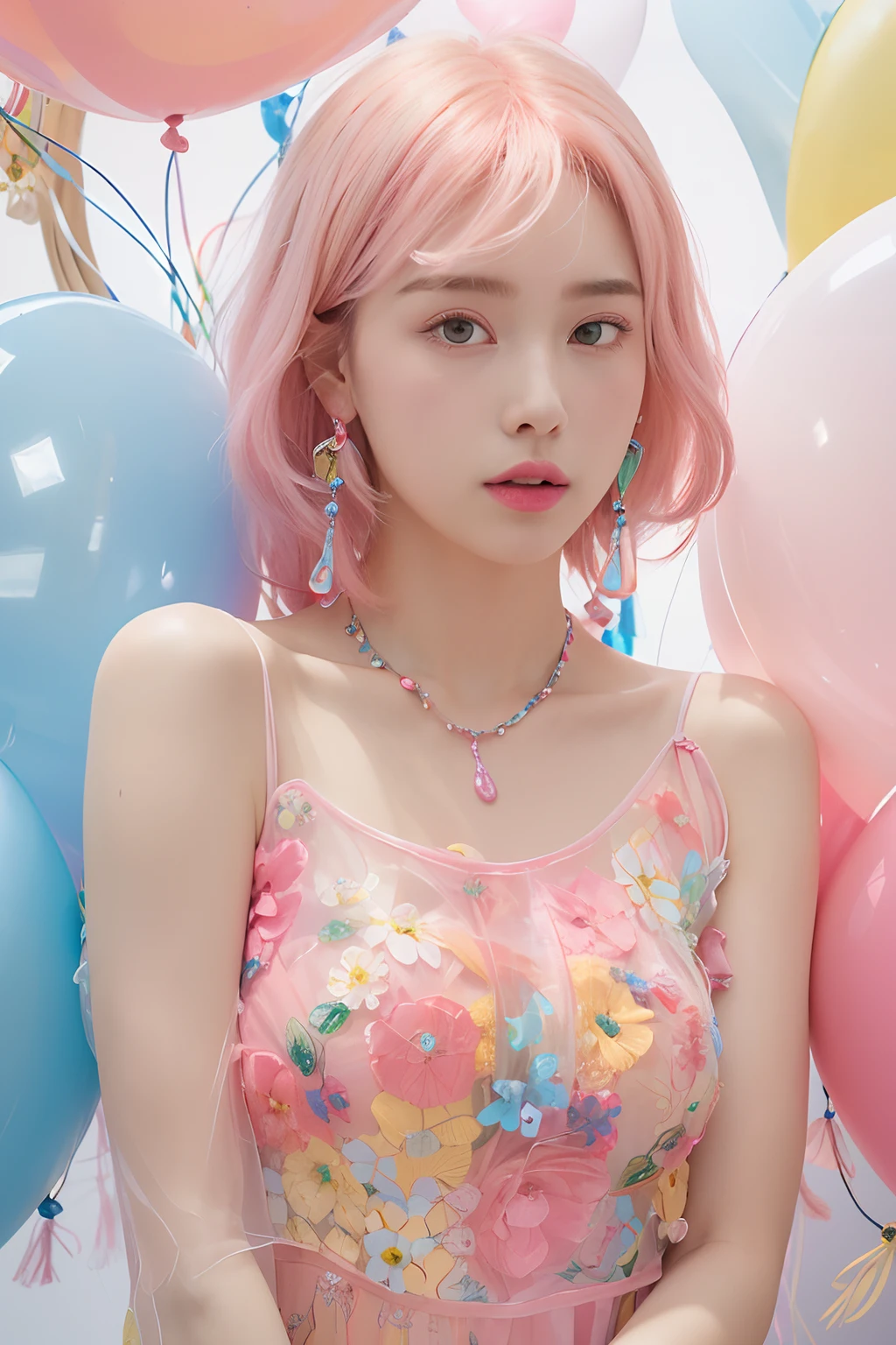 (extra detailed body、extra detailed face、best qualtiy:1.2)、femele、looking at the viewers、(A pink-haired、17 age、Colorful tank top in light blue and pink and yellow and red、Earrings made of flowers that reach shoulders、a necklace、A lot of floral ornaments in the hair)、(20 large transparent balloons:1.4)