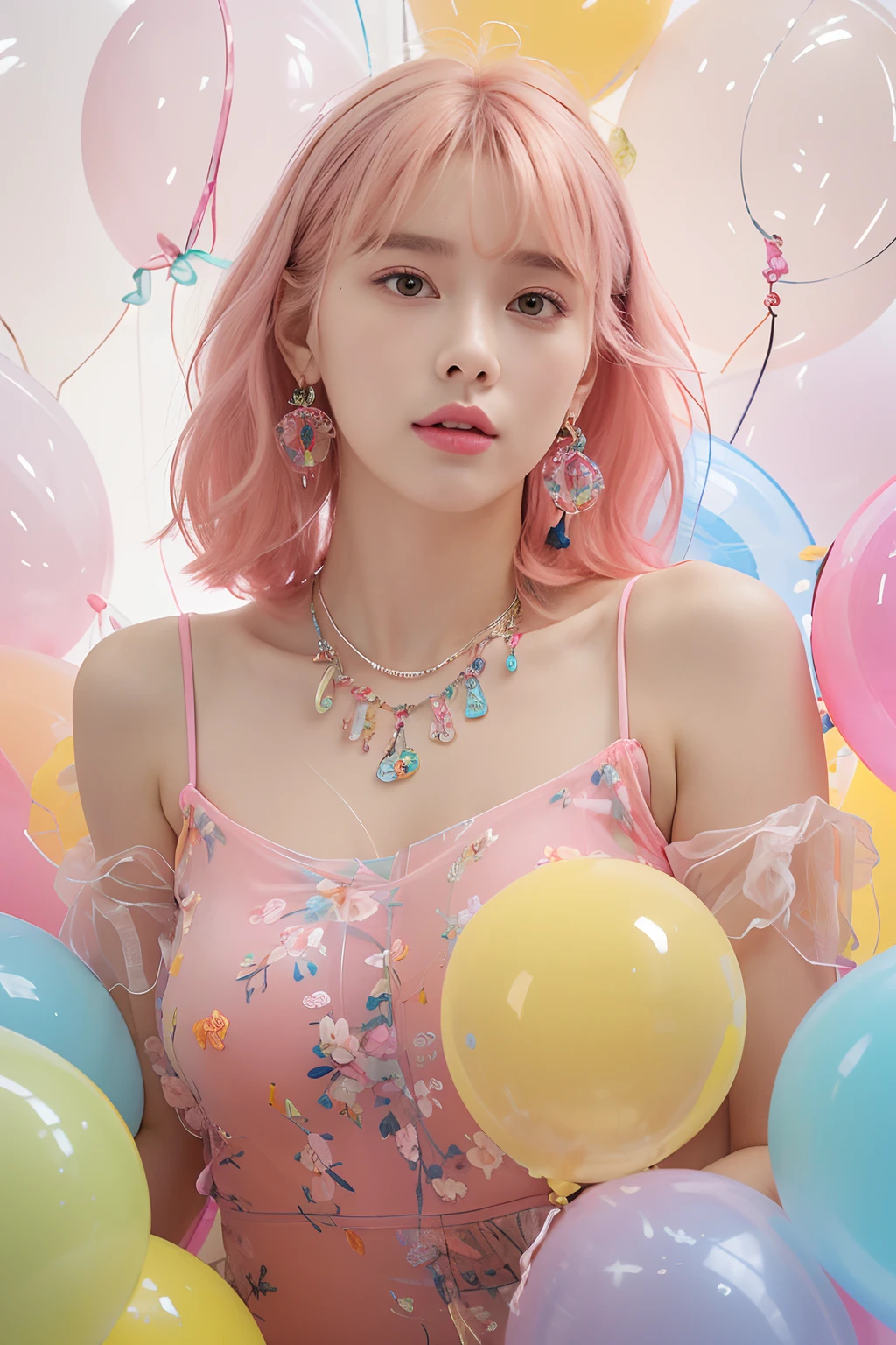 (extra detailed body、extra detailed face、best qualtiy:1.2)、femele、looking at the viewers、(A pink-haired、17 age、Colorful tank top in light blue and pink and yellow and red、Earrings made of flowers that reach shoulders、a necklace、A lot of floral ornaments in the hair)、(20 large transparent balloons:1.4)
