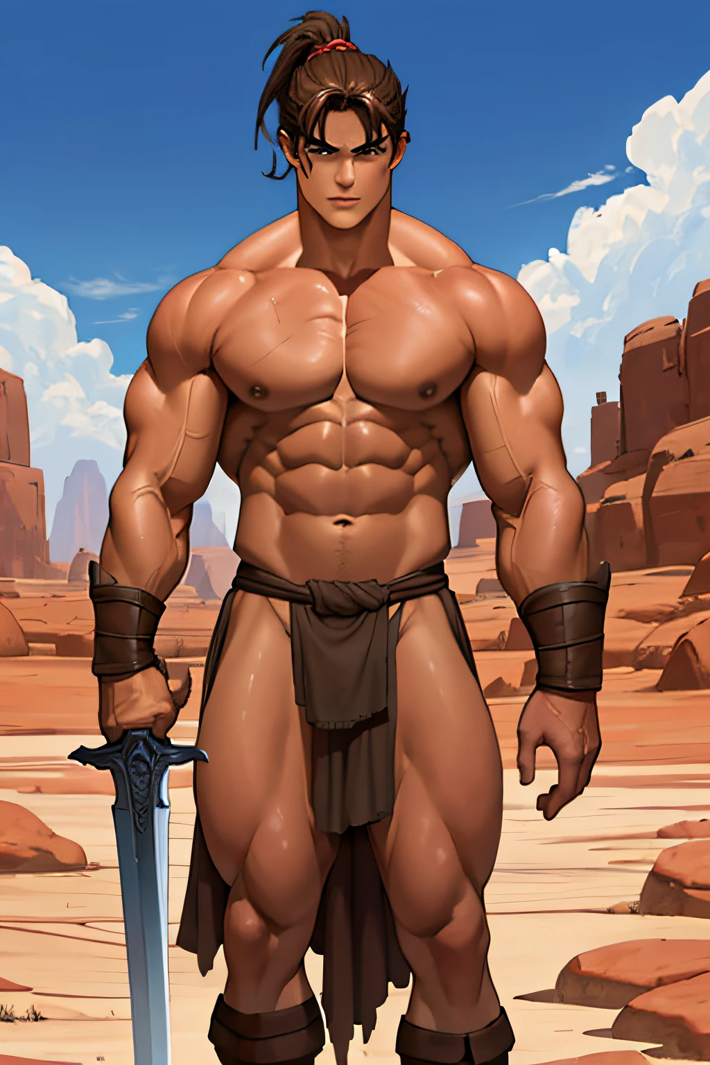 Conan Exiles Style, standing, (((((FRONT))))) young warrior (16 years old) (young face) with a sword, ready to fight, top rated pixiv, SHIRTLESS, 250lbs, front view, even shoulders, perfect massive muscles, pumped up muscles, massive muscular body, gigantic and massive chest with a narrow waist, massive shoulders, ridiculously well-shaped large pecs, eight chiseled abs, arms thick as trunks and formidable thighs. (heavily toned and huge) narrow waist, he covers his nakedness with a piece of dark brown cloth as a coarse loincloth, barbarian, brown hair, ponytail hair, white sclera, blue eyes (detailed eyes), D&D character, brave warrior, human, handsome face, young face, skill image, rocky desert behind him, sunny day, few clouds in the sky, looking at viewer, breaking the fourth wall.