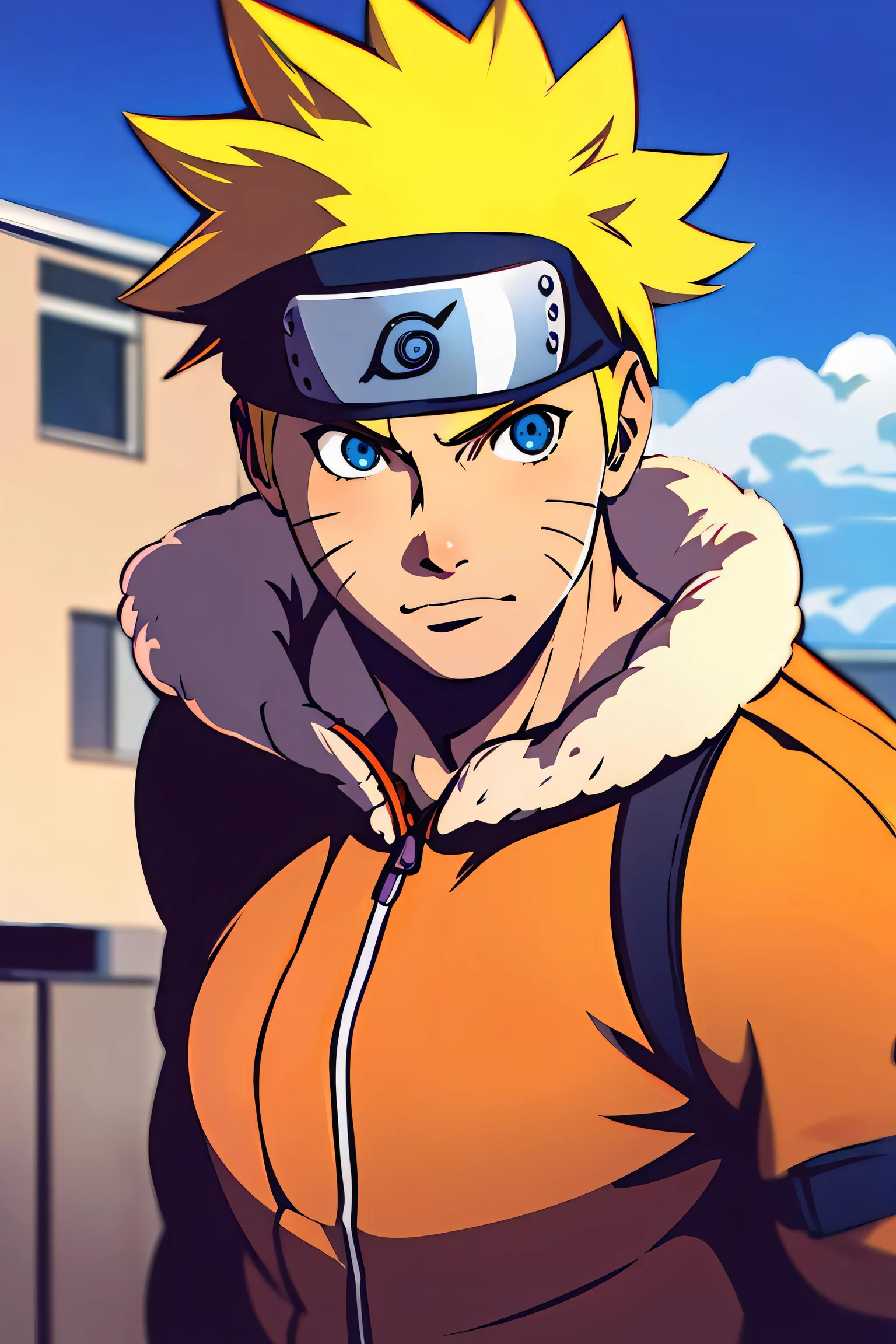 1boy ,solo,    detailed eyes,   masculine face, urban area ,  modern building , sunglasses, vast blue sky, clouds,  morning, sunny, muscular male, detailed background,    uzumaki naruto, masterpiece, realistic,