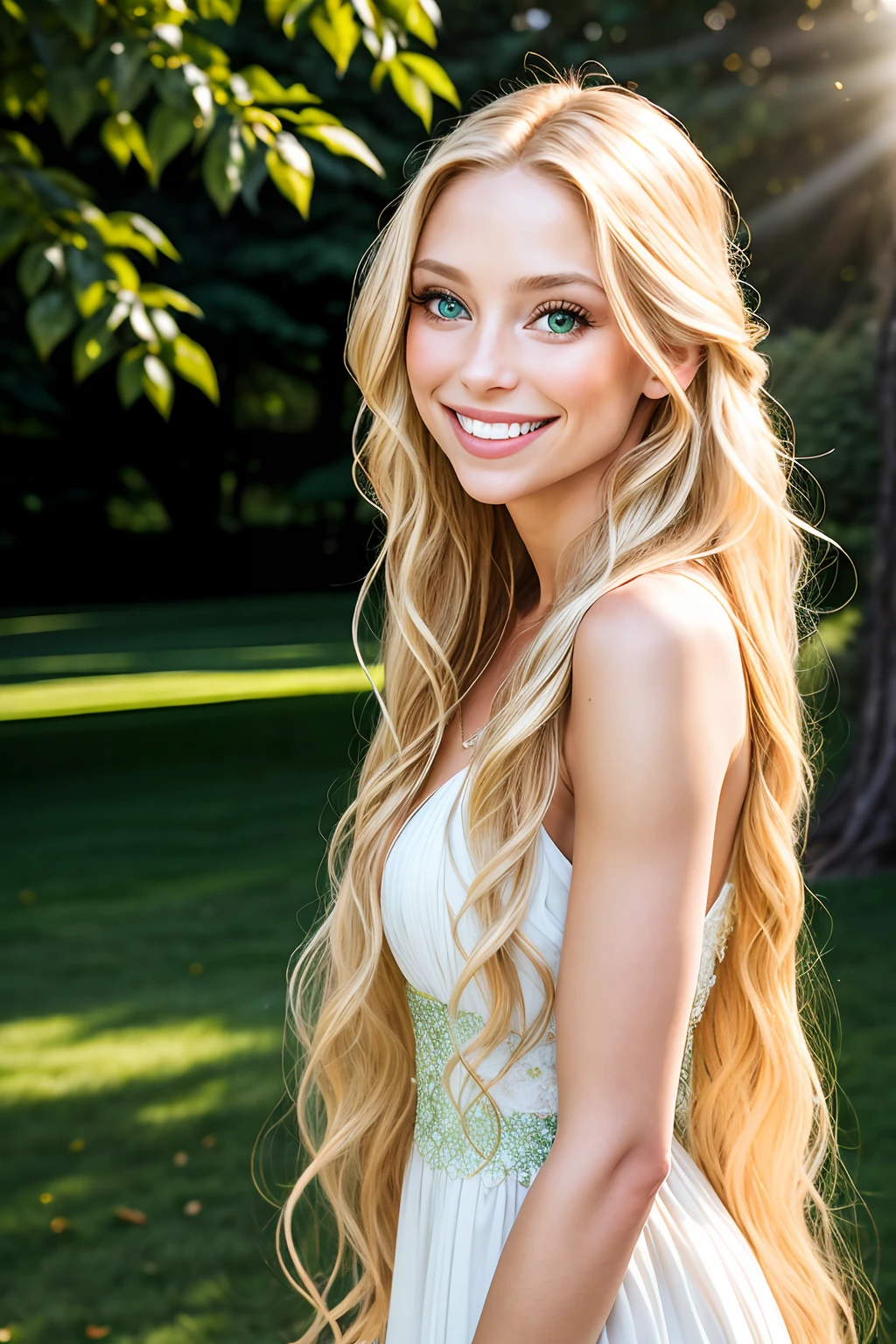 In a sunlit outdoor setting, a girl with long blonde hair and captivating green eyes elegantly poses for a photo. Her radiant smile lights up her face, exuding joy and confidence. The girl's hair cascades down her shoulders, framing her delicate features. The background is filled with a natural ambiance, enhancing the overall charm of the scene.