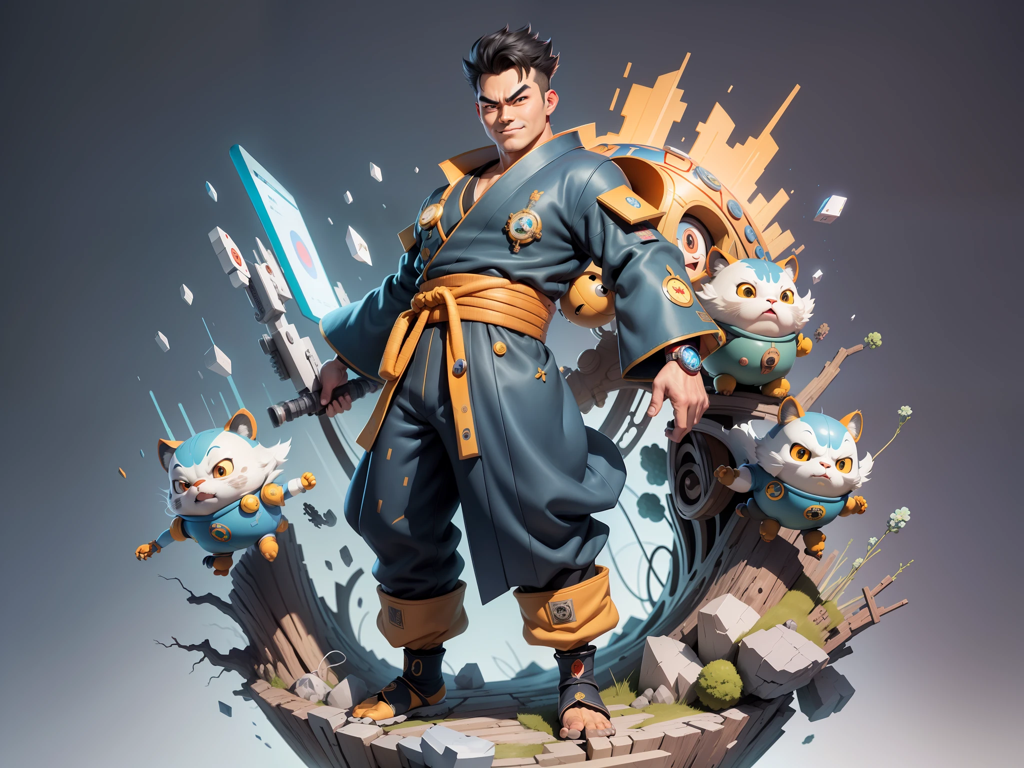 (Masterpiece), (Excellent), (Super Meticulous), (Full Body: 1.2), Super Young Man, Oriental Face, Japanese Kimono, Japanese Wind Thunder God, Dragon, Tiger, TV Anchor, Bust Portrait Illustration, Alone, Black Suit, Blue Tie, Slightly Chubby Face, Very Clean Face, No Beard, Black Super Short Hair, Black Eyes, Confident Smile, 3c Computer Sub-Products, iPad, iPhone, Digital Painting, 3D Character Design by Akira Toriyama and Mark Claireden and Pixar and Hayao Miyazaki, The illustration is a high-definition illustration in 4K resolution with very detailed facial features and cartoon-style visuals.