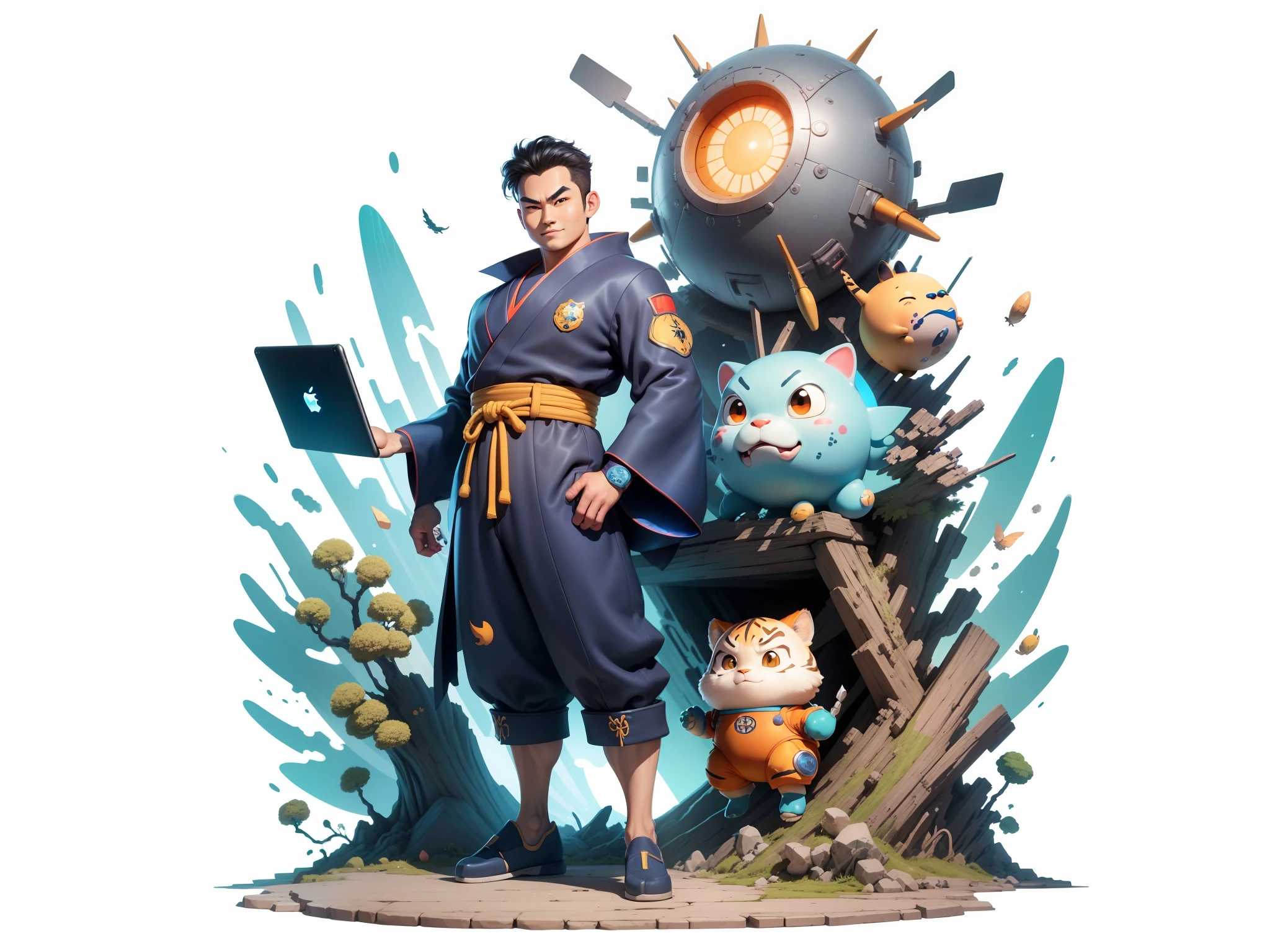 (Masterpiece), (Excellent), (Super Meticulous), (Full Body: 1.2), Super Young Man, Oriental Face, Japanese Kimono, Japanese Wind Thunder God, Dragon, Tiger, TV Anchor, Bust Portrait Illustration, Alone, Black Suit, Blue Tie, Slightly Chubby Face, Very Clean Face, No Beard, Black Super Short Hair, Black Eyes, Confident Smile, 3c Computer Sub-Products, iPad, iPhone, Digital Painting, 3D Character Design by Akira Toriyama and Mark Claireden and Pixar and Hayao Miyazaki, The illustration is a high-definition illustration in 4K resolution with very detailed facial features and cartoon-style visuals.