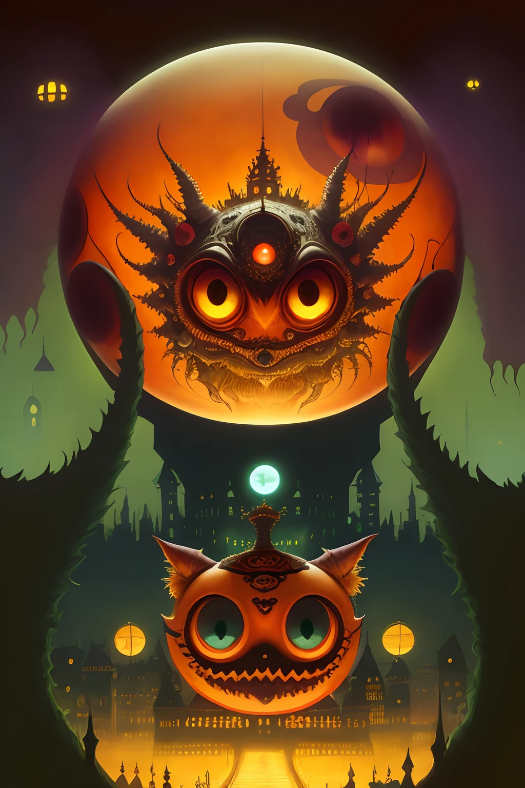 A weird looking scary monster with three eyes, in the style of intricate cityscapes, goro fujita, louis wain, spherical sculptures, tom chambers konica big mini, nanopunk