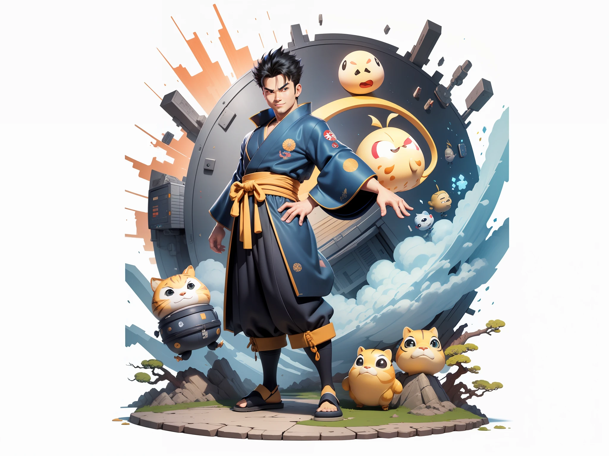 (Masterpiece), (Excellent), (Super Meticulous), (Full Body: 1.2), Super Young Man, Oriental Face, Japanese Kimono, Japanese Wind Thunder God, Dragon, Tiger, TV Anchor, Bust Portrait Illustration, Alone, Black Suit, Blue Tie, Slightly Chubby Face, Very Clean Face, No Beard, Black Super Short Hair, Black Eyes, Confident Smile, 3c Computer Sub-Products, iPad, iPhone, Digital Painting, 3D Character Design by Akira Toriyama and Mark Claireden and Pixar and Hayao Miyazaki, The illustration is a high-definition illustration in 4K resolution with very detailed facial features and cartoon-style visuals.