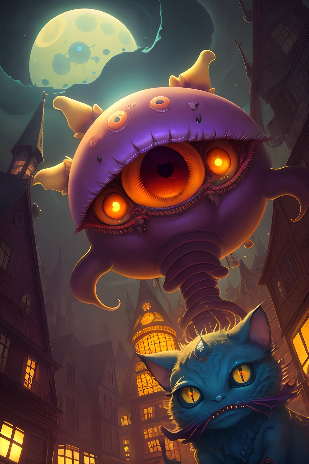 A weird looking scary monster with three eyes, in the style of intricate cityscapes, goro fujita, louis wain, spherical sculptures, tom chambers konica big mini, nanopunk