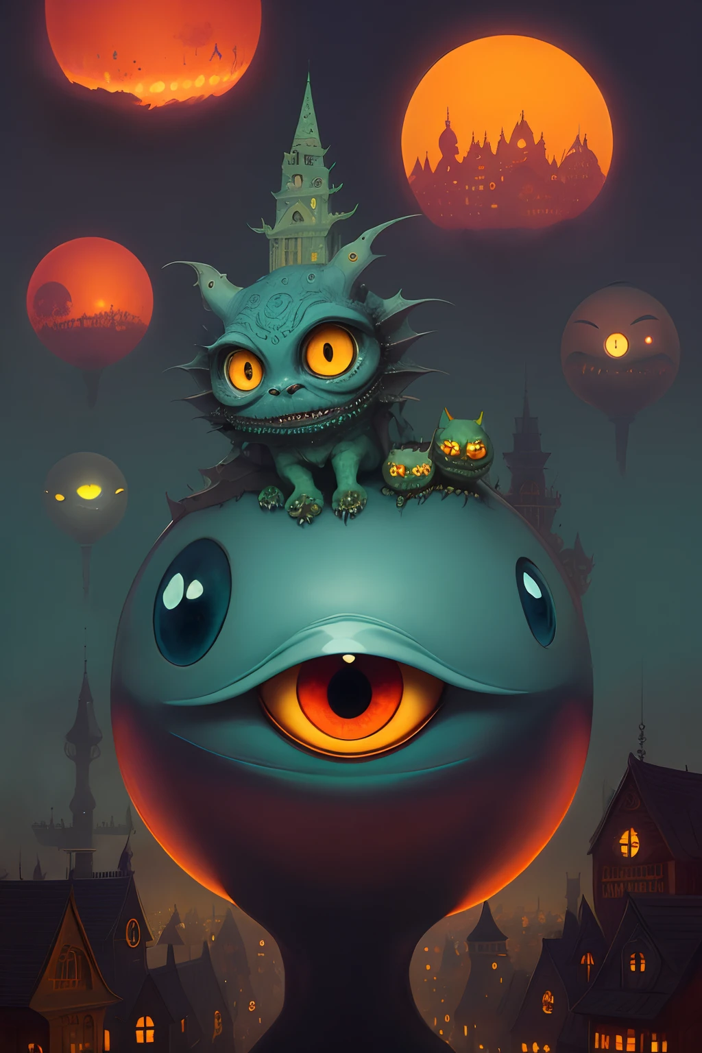 A weird looking scary monster with three eyes, in the style of intricate cityscapes, goro fujita, louis wain, spherical sculptures, tom chambers konica big mini, nanopunk