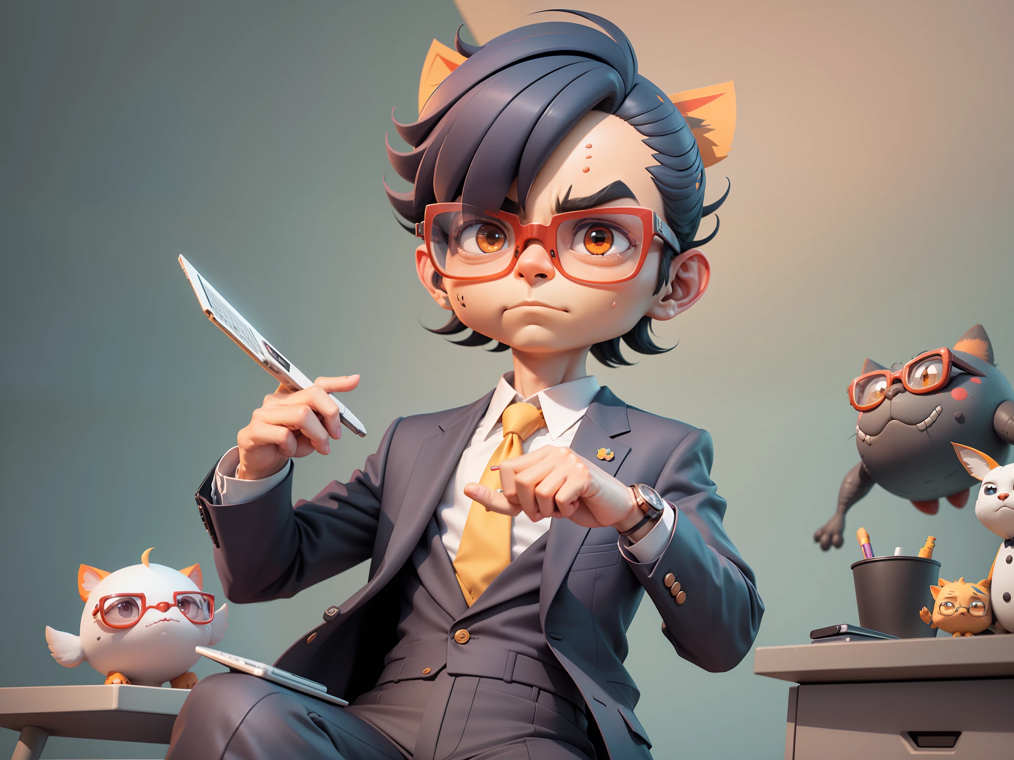 A young man in a suit, Short hair and glasses sat at his desk,holding laptop,digitial painting,tigre,3D character design by Mark Clairen and Pixar and Hayao Miyazaki and Akira Toriyama,4K HD illustration,Very detailed facial features and cartoon-style visuals。