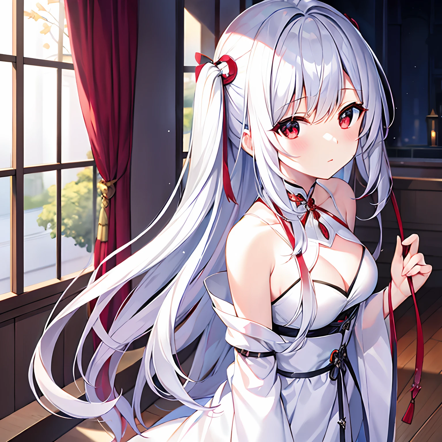 silber hair、red eyes、Beautiful girl alone、独奏、animesque、robe blanche、the angel's wings