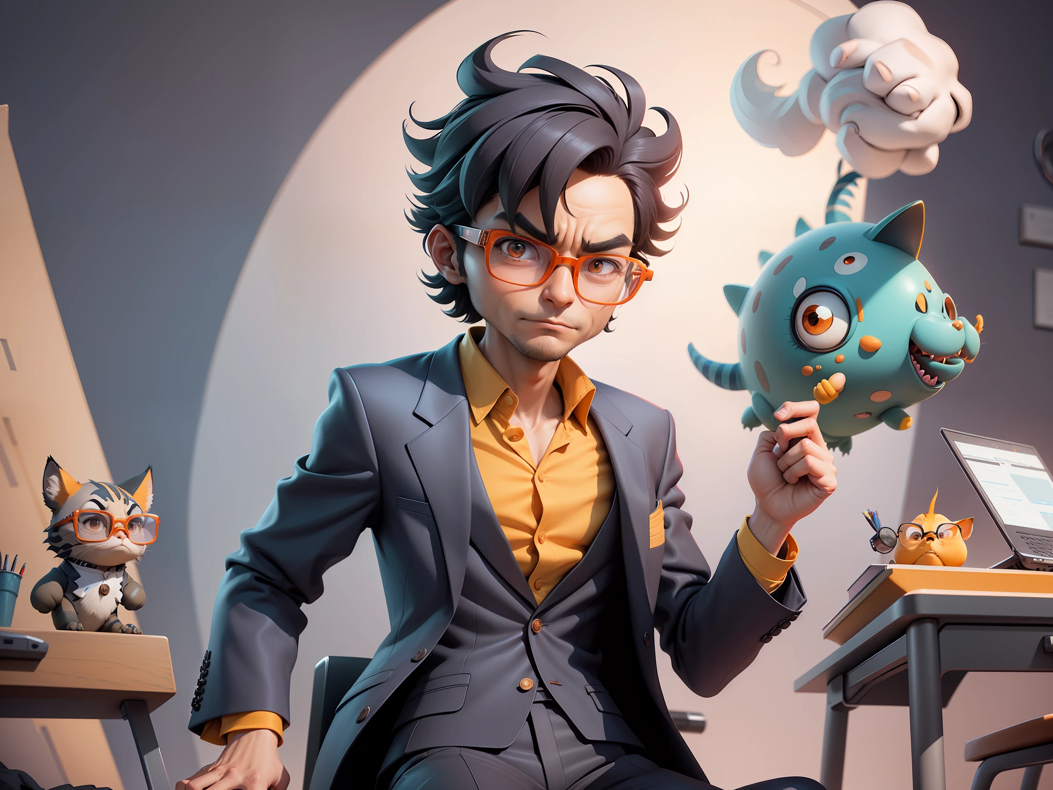A young man in a suit, Short hair and glasses sat at his desk,holding laptop,digitial painting,tigre,3D character design by Mark Clairen and Pixar and Hayao Miyazaki and Akira Toriyama,4K HD illustration,Very detailed facial features and cartoon-style visuals。