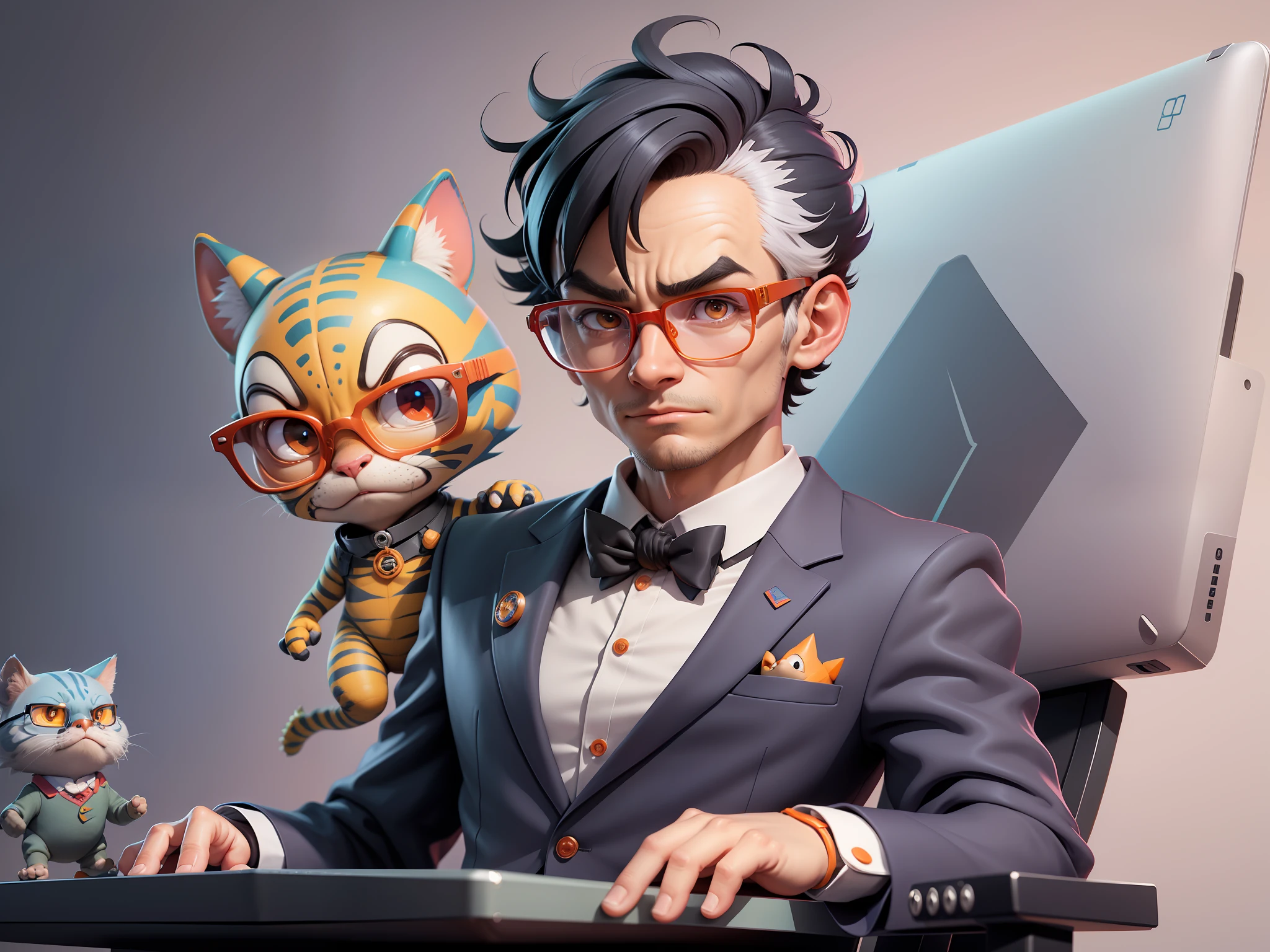 A young man in a suit, Short hair and glasses sat at his desk,holding laptop,digitial painting,tigre,3D character design by Mark Clairen and Pixar and Hayao Miyazaki and Akira Toriyama,4K HD illustration,Very detailed facial features and cartoon-style visuals。
