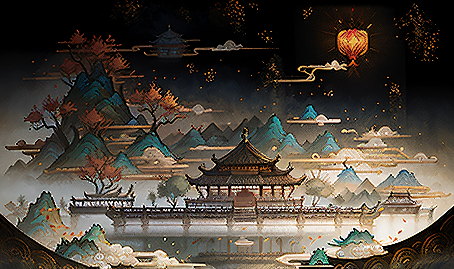 An ancient Chinese painting, ancient Chinese background, mountains, rivers, auspicious clouds, pavilions, sunshine, masterpieces, super detail, epic composition, ultra HD, high quality, extremely detailed, official art, unified 8k wallpaper, Super detail, 32k -- v 6