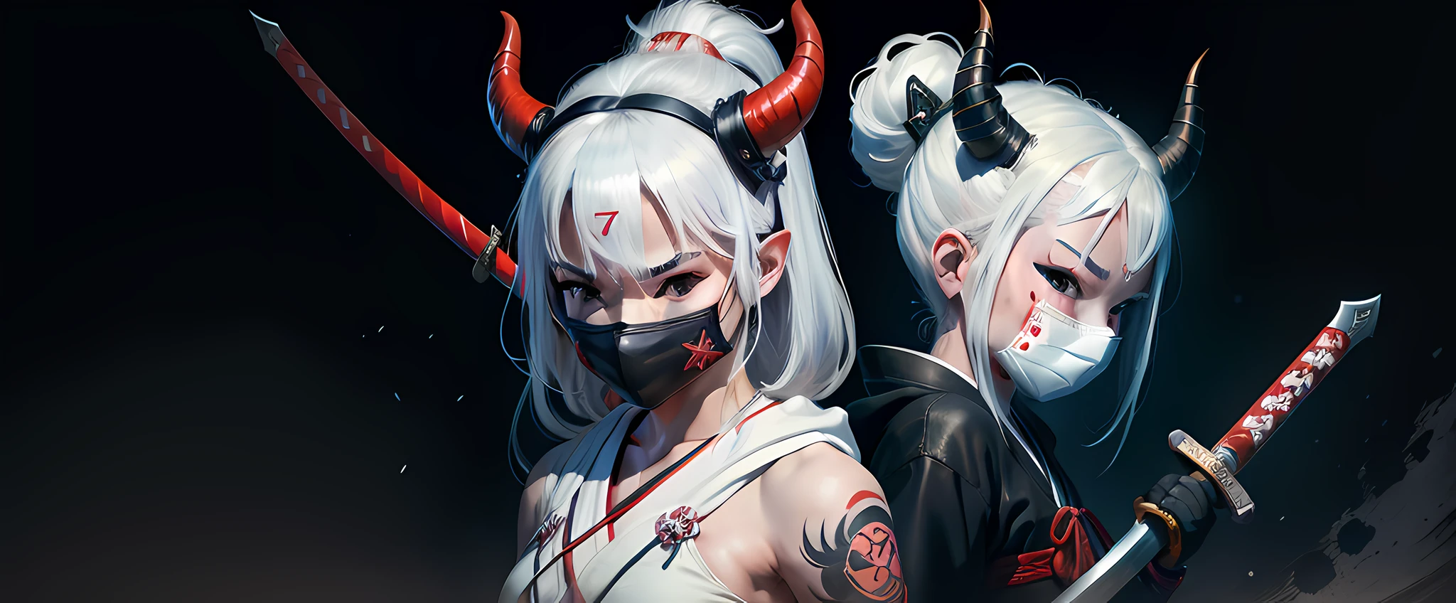 Samurai Fighter Girl scene, Wearing an japanese oni face mask, Oni tattoo, With horns on the head, Hooded girl, White hair, With Katana Sword, Sword in Hand, Japanese style, Dark bloody background, Cinematic, 31:9, Ultra wide, Wallpaper, Wide format