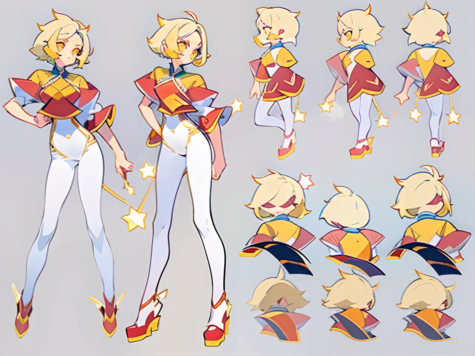 ((masterpiece)), (((best quality))), (character design sheet, same character full body, front, side, back), Illustration, 1 girl, short hair, blonde hair, red clothes, hair fax, yellow eyes, environment change, pose kota, female, shirt shangyi, stars, charturnbetalora, (simple background, white background: 1.3) ,--6