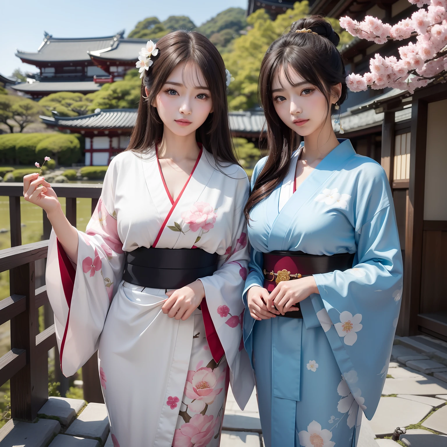 High quality、２５Pretty woman of 、Slender beauty、Wear a traditional kimono with gorgeous Japan、Hairpin、Geta、Expensive obi、Big beautiful blue eyes、Detailed cute face、(((独奏)))、Dignified behavior、Gion、Kiyomizu-dera Temple、under a cherry blossom tree