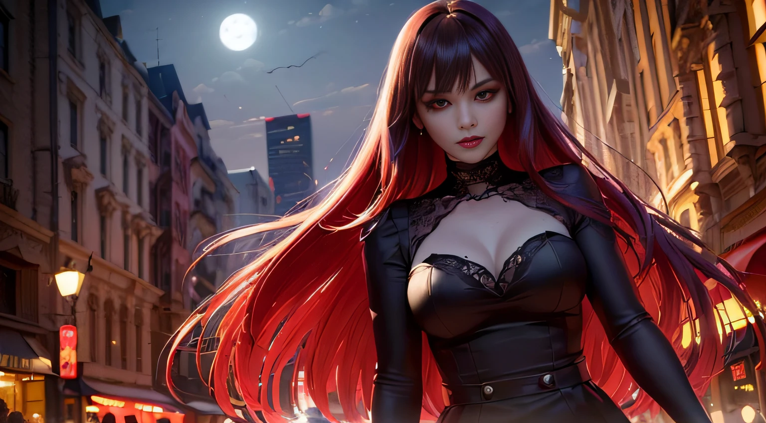 (((Top quality and highly detailed photorealism))),((Vampire Woman: Red Eyes、Very sensual),(Walk gracefully along bustling urban boulevards),(In the moonlight),(a scene from a movie:1.2))