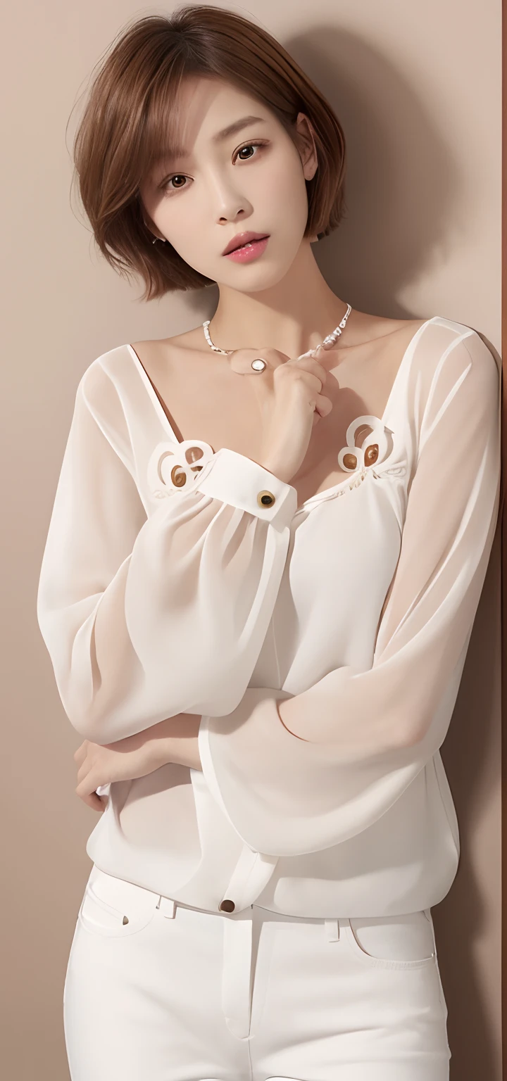 ((masutepiece, of the highest quality, High Definition)),(Woman in photo posing in white pants and brown tuck-gather blouse:1.2), Van Cleef & Arpels style, Bvlgari style, Cartier style, lv jewelry, chaumet style, Bvlgari Jewelry, white trendy clothes, Cute:2, lulu chen,Elegant makeup, (Elegant berry shorthair, short haircut with visible ears,,,Light brown hair color: 1.4)