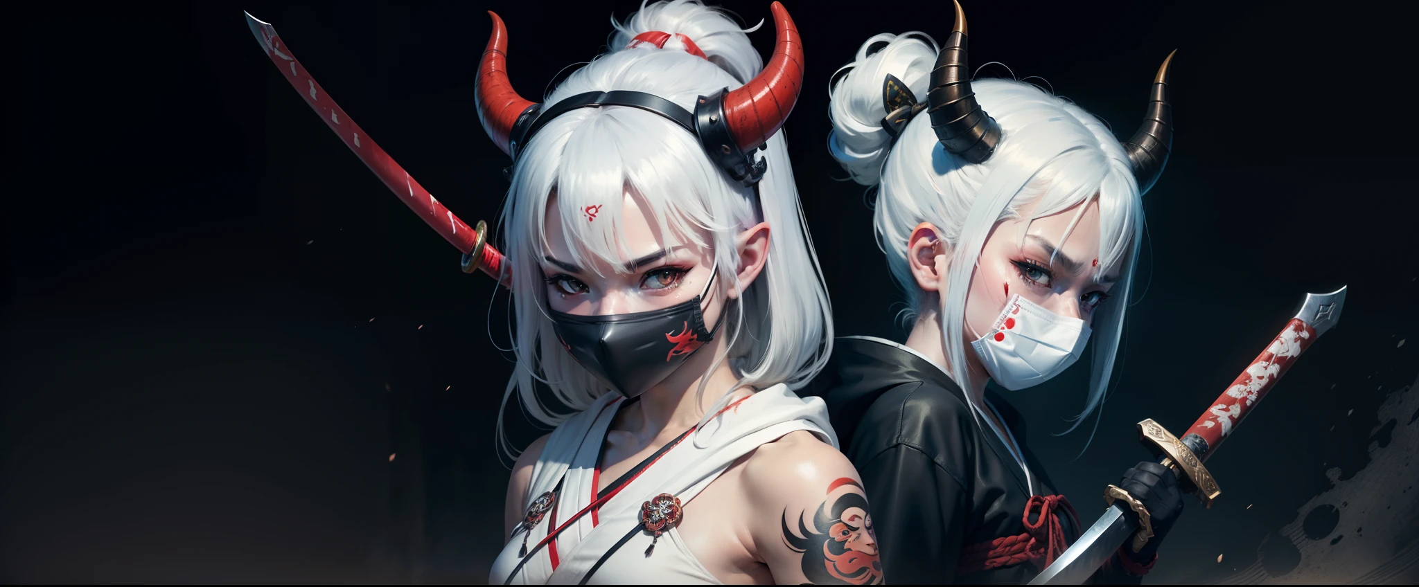 Samurai Fighter Girl scene, Wearing an japanese oni face mask, Oni tattoo, With horns on the head, Hooded girl, White hair, With Katana Sword, Sword in Hand, Japanese style, Dark bloody background, Cinematic, 31:9, Ultra wide, Wallpaper, Wide format