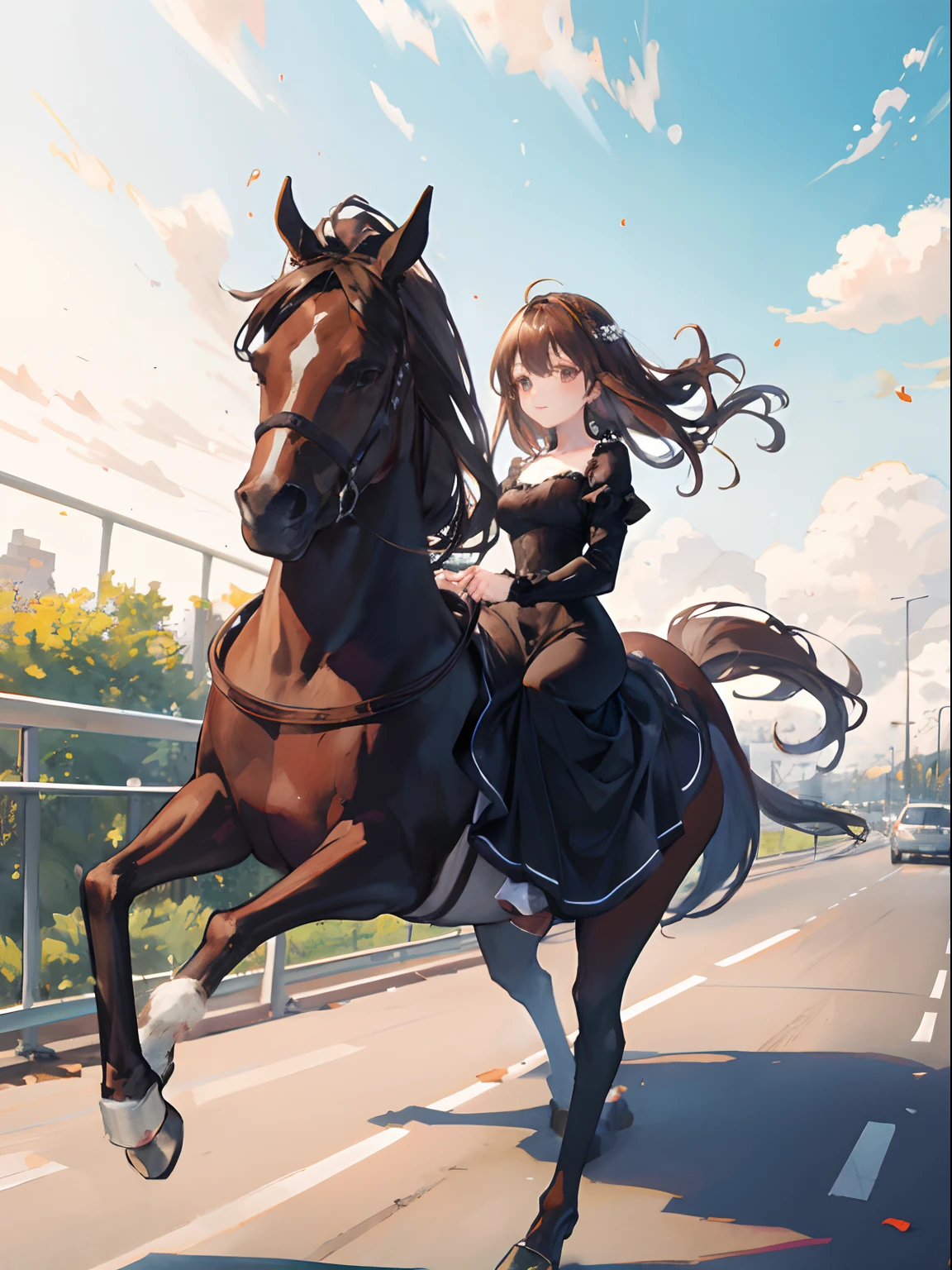 one princess,brown hair,black dress,ride a horse,traffic jam,highway,jump,gate,