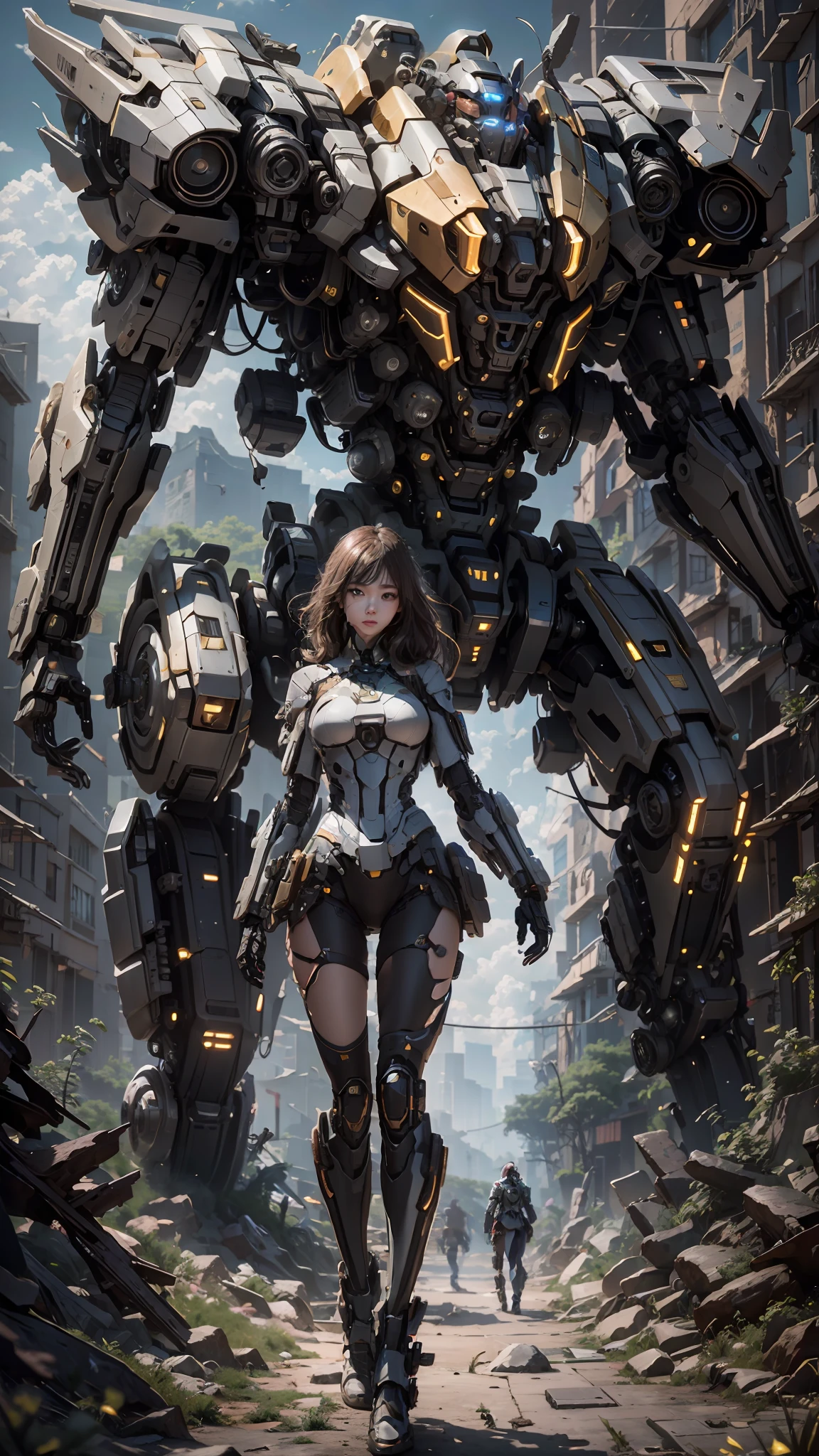 ((Best Quality)), ((Masterpiece)), (Very Detailed:1.3), 3D, Shitu-mecha, Beautiful cyberpunk woman with her pink mech in the ruins of a city in the forgotten war, Ancient technology, HDR (High Dynamic Range), ray tracing, NVIDIA RTX, super resolution, unreal 5, subsurface scattering, PBR texture, post-processing, anisotropic filtering, depth of field, maximum sharpness and sharpness, multi-layer texture, albedo and highlight maps, surface shading, Accurate simulation of light-material interactions, perfect proportions, octane rendering, duotone lighting, low ISO, white balance, rule of thirds, wide aperture, 8K RAW, efficient sub-pixels, subpixel convolution, luminescent particles, light scattering, Tyndall effect