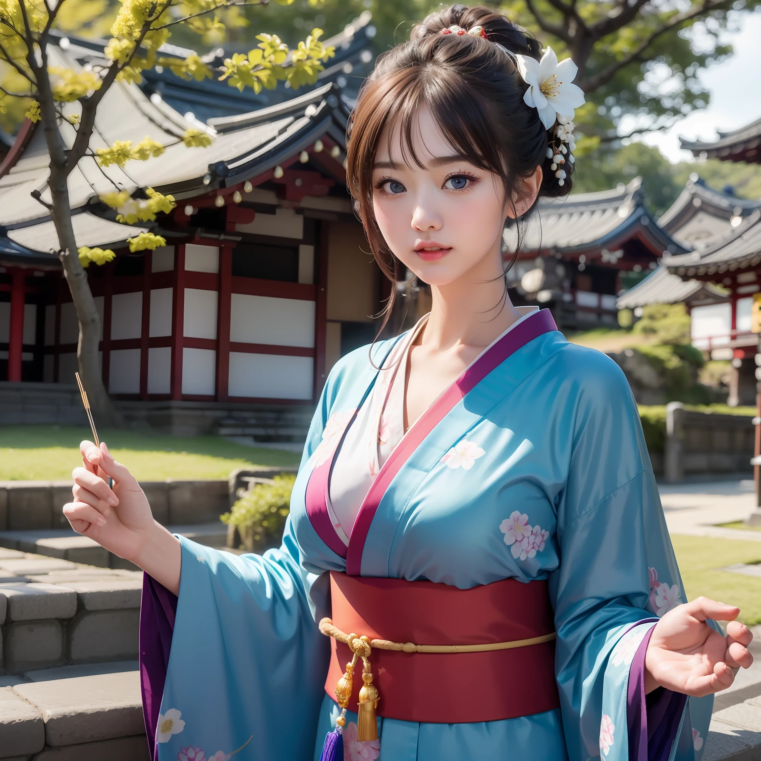 High quality、２５Pretty woman of year old、Slender beauty、Wear a traditional kimono with gorgeous Japan、Hairpin、Geta、Expensive obi、Big beautiful blue eyes、Detailed cute face、(((独奏)))、Dignified behavior、Gion、Kiyomizu-dera Temple、under a cherry blossom tree