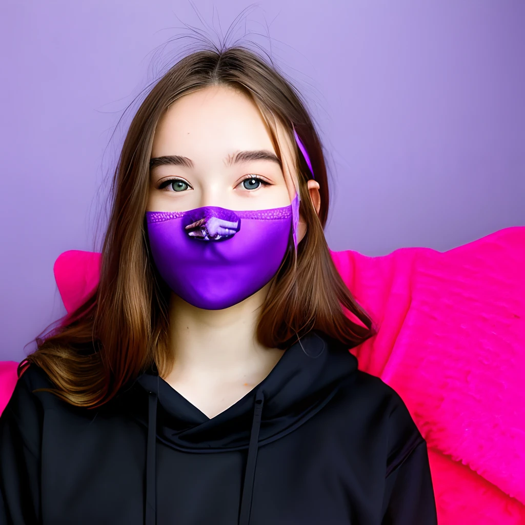 18 year old girl, brown eyes, short dark brown hair, wearing black sweatshirt and with two purple bandages on her face, smooth and very shiny face, full body