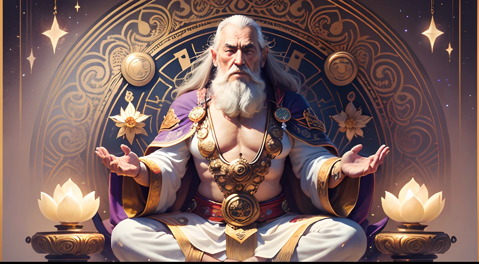 obra-prima, melhor qualidade, Velho oriental, pele bronzeada, Wise, Wise old man, real, A wise and bearded man dressed in white floating in a state of meditation, corpo inteiro, LOTUS POSITION, detalhes em roxo, hiper detalhado, Hiper realista, magical ambiance,