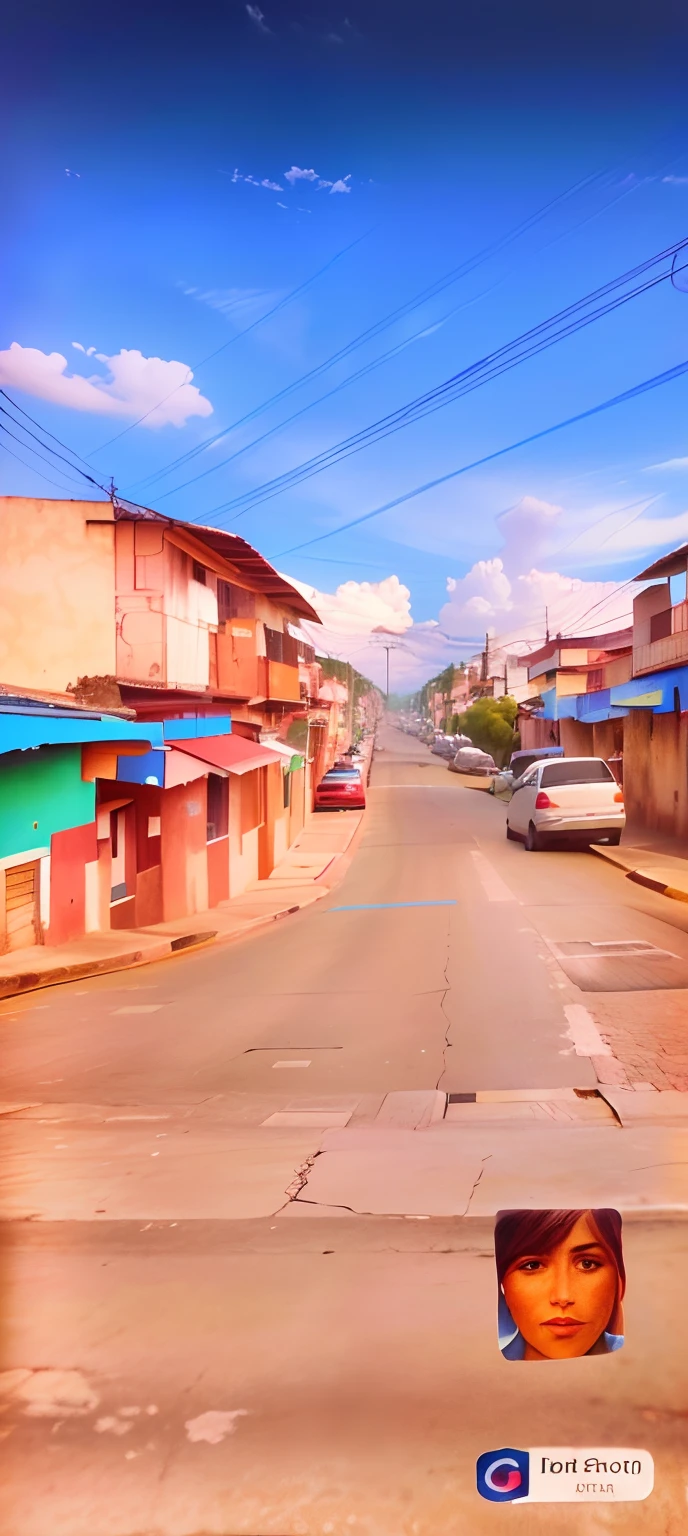There's a picture of a street with a picture of a person on it, vista para a rua, vista para a rua, city of Armenia Quindio, Rua inclinada, aldeia, Rua, perspectiva da rua, Streetscape, Beautiful image, street level view, fotografia da rua da cidade, cidade, filmic tonemapping, foto realista de uma cidade, Rua da Era Colonial
