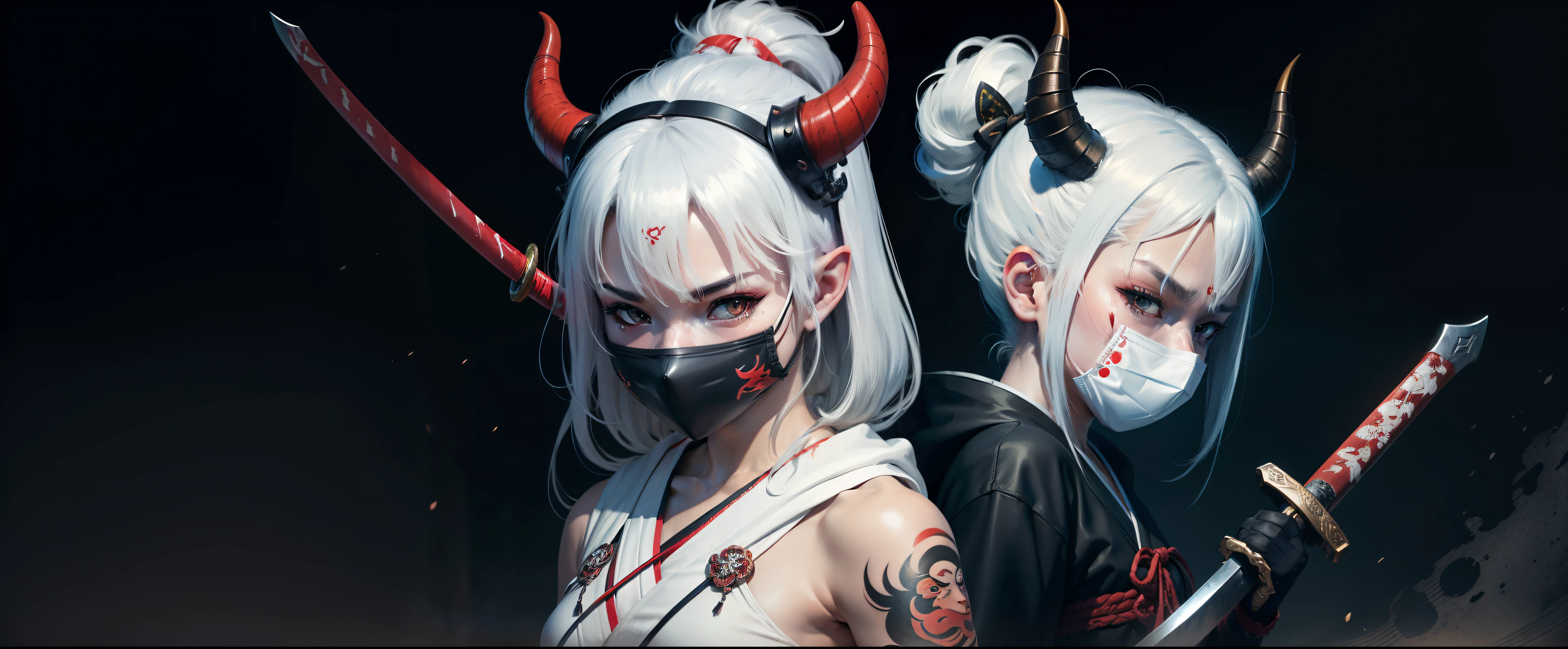 Samurai Fighter Girl scene, Wearing an japanese oni face mask, Oni tattoo, With horns on the head, Hooded girl, White hair, With Katana Sword, Sword in Hand, Japanese style, Dark bloody background, Cinematic, 31:9, Ultra wide, Wallpaper, Wide format