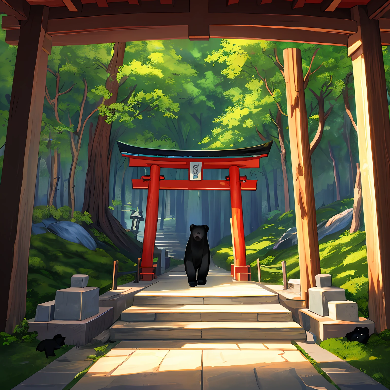 Best Quality, (Very detailed CG Unity 8K wallpaper) (Best Quality), (Best Illustration), (Best Shadows) 、in woods、(((Black bear)))、shrines、(Red torii gate:0.8)、jpn